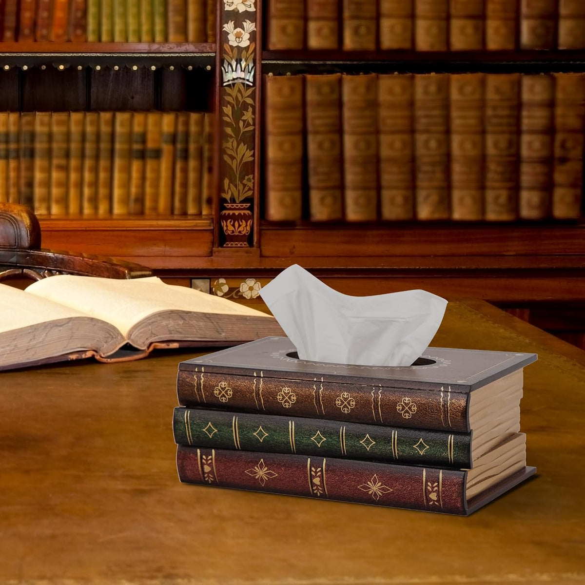 Retro Wooden Antique Book Tissue Box Cover Rectangular Home Library Decor mysite