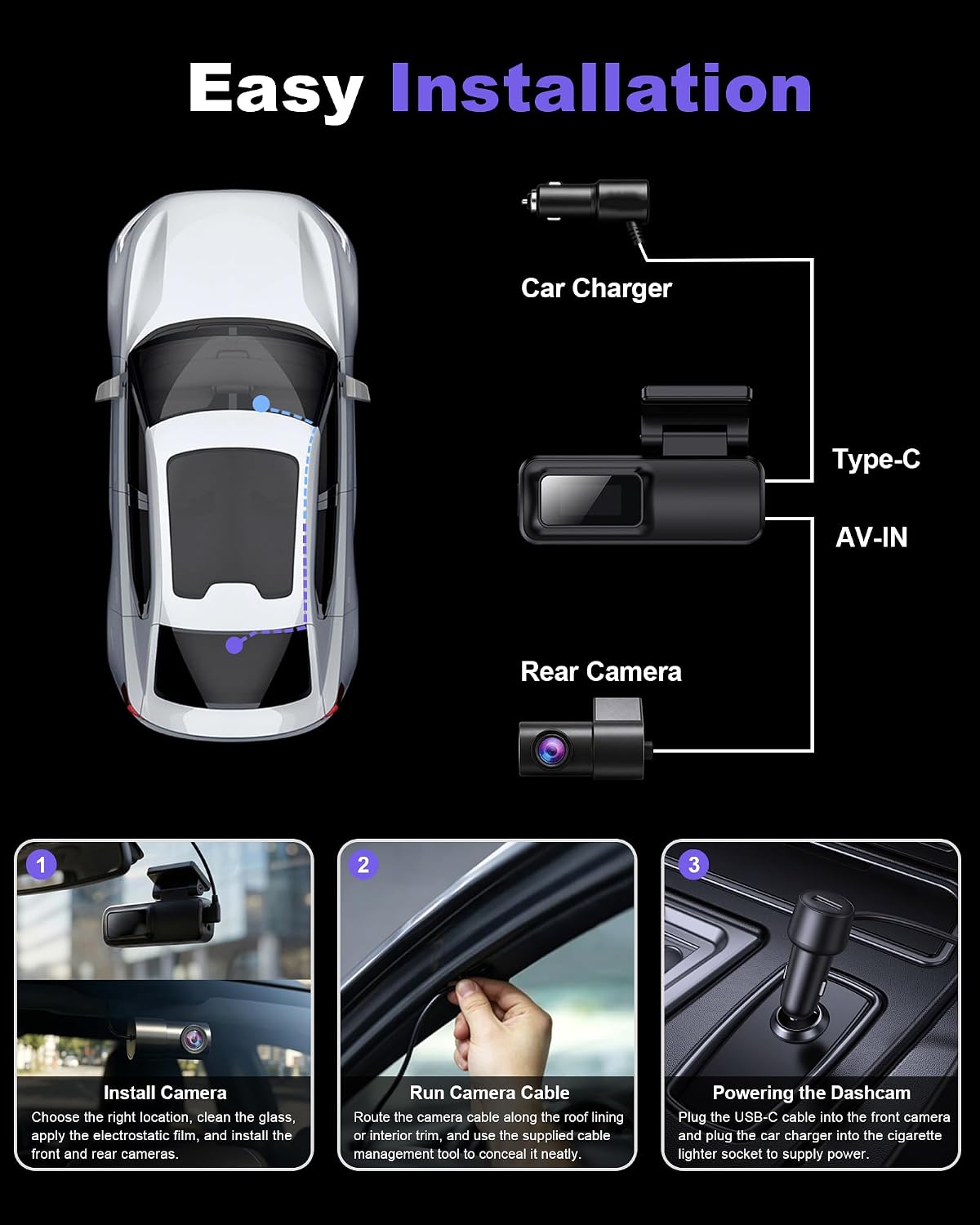 Dash Cam Front and Rear 4K+1080P, 5GHz WiFi, App Control, with 64GB Card mysite