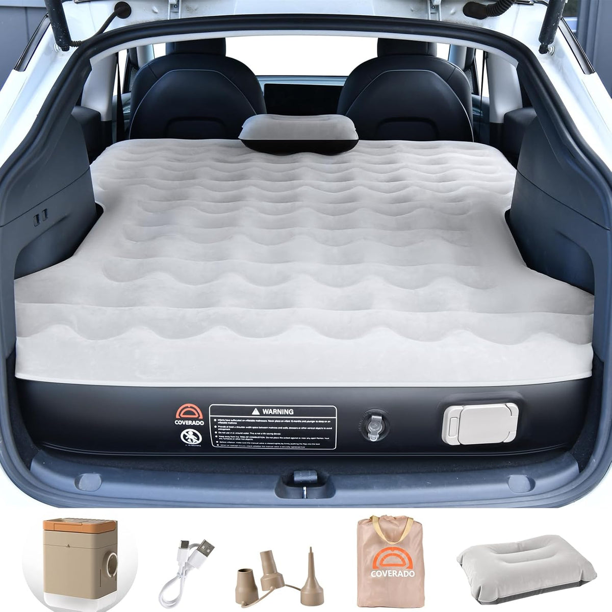 Coverado Tesla Model Y Air Mattress, One Click Self Inflating Tesla Y Sleeping Pad, Wireless Pump & Light Function, 4.5" Thick Comfort Flocking Model Y Air Bed, Tesla Model Y Mattress Fit 2020-2026 mysite