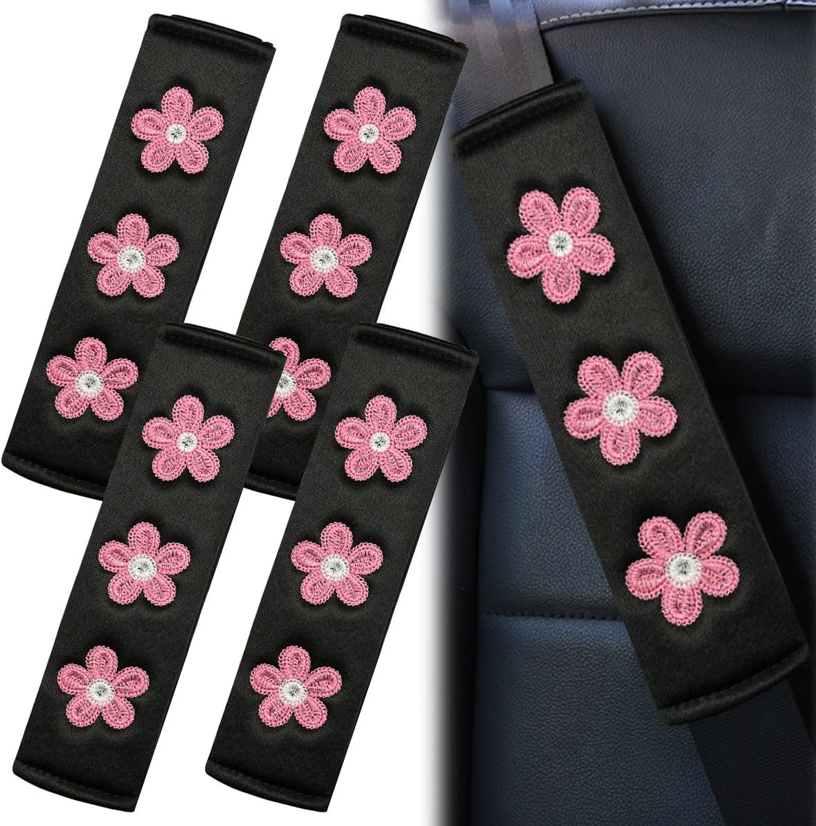 2PCS Daisy Flower Car Seat Belt Cover Pads, Protect Neck, White mysite