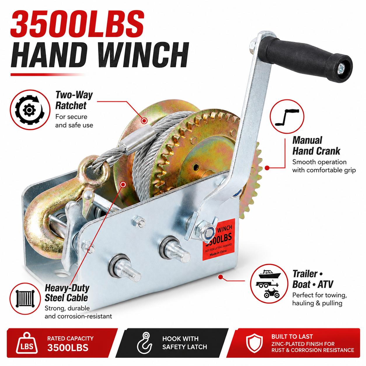 3500LBS Hand Winch with 32.8FT Steel Cable, Galvanized Shell Manual Hand Crank Winch with 4.1:2.4:1 Gear Ratio, Two-Way Ratchet Portable Winch for Trailer, Boat and ATV Towing
