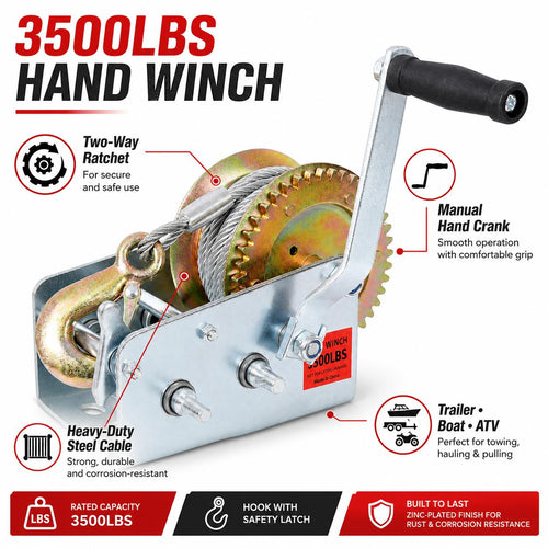 3500LBS Hand Winch with 32.8FT Steel Cable, Galvanized Shell Manual Hand Crank Winch with 4.1:2.4:1 Gear Ratio, Two-Way Ratchet Portable Winch for Trailer, Boat and ATV Towing