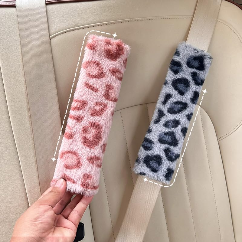 Fyrasol Faux Fur Leopard Print Car Seat Belt Cover Pads, Soft Shoulder Comfort Cushion, Universal Fit for Adults and Kids, 2 Pack