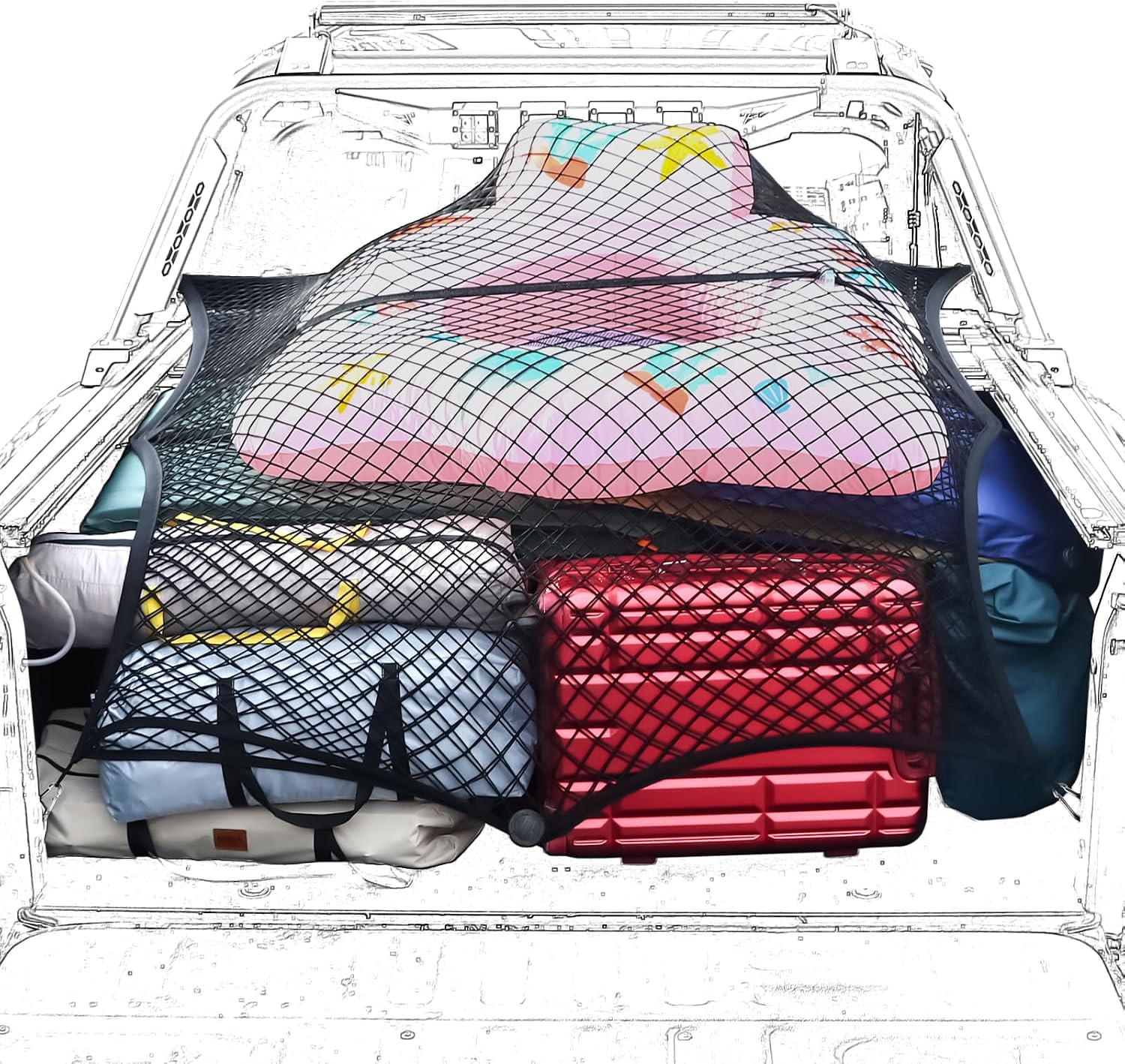 Elastic Truck Bed Net for F150 Tacoma Silverado Sierra RAM Cybertruck | Expands 4x4 to 7x7 ft | 8 Heavy Duty Carabiners | Fits SUV ATV UTV Trailer | Secure Cargo | Prevent Rolling | Easy Install mysite
