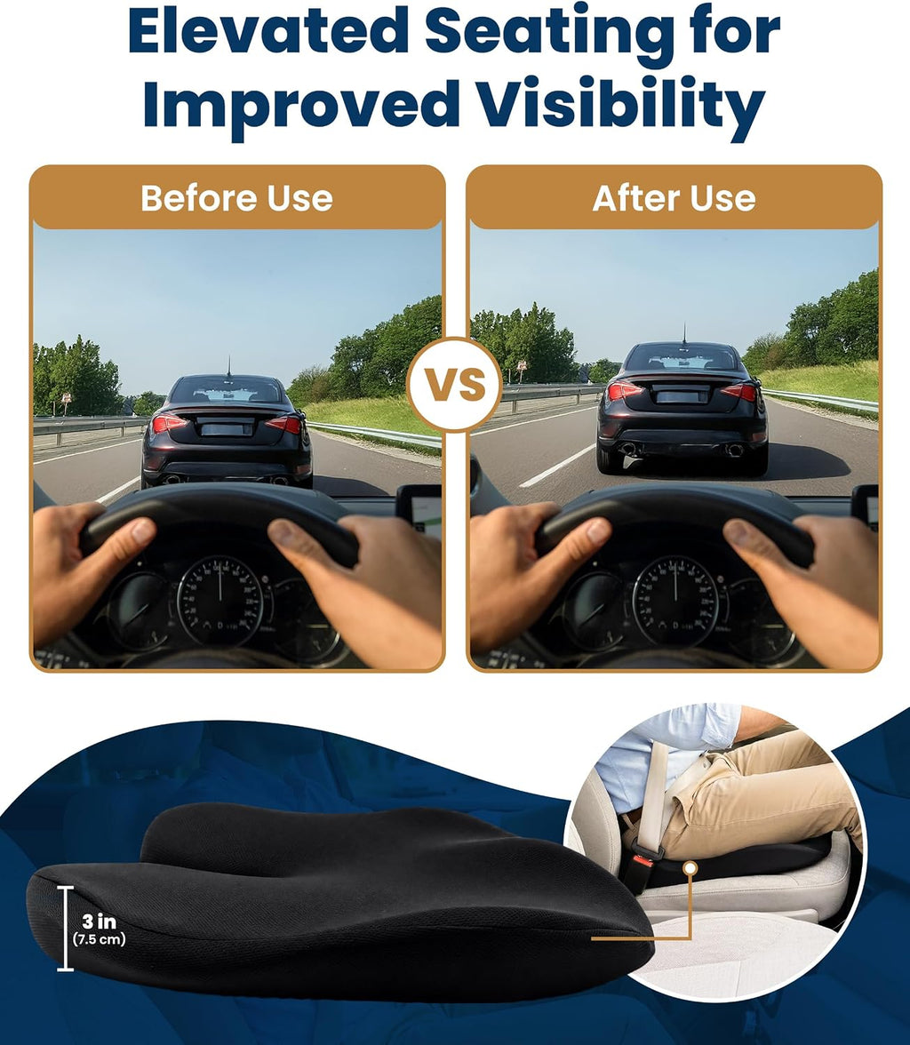 Everlasting Comfort Car Seat Cushion for Driving - Orthopedic Car Cushion for Office, Travel, Gaming Chair Memory Foam Driver Booster for Short People, Non-Slip, Washable Cover, Back & Sciatica Relief mysite