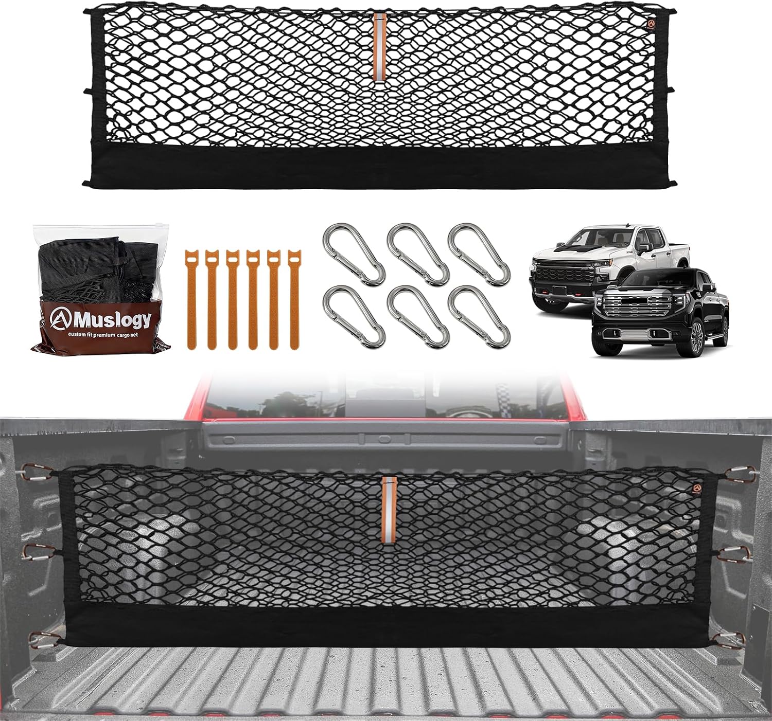 Truck Bed Cargo Net Trunk Netting Compatible with 2013-2026 Chevy Silverado & GMC Sierra 1500/2500HD/3500HD Accessories, Pickup Cargo Organizer SUV Sedan Storage Net w/Heavy Duty Carabiners mysite