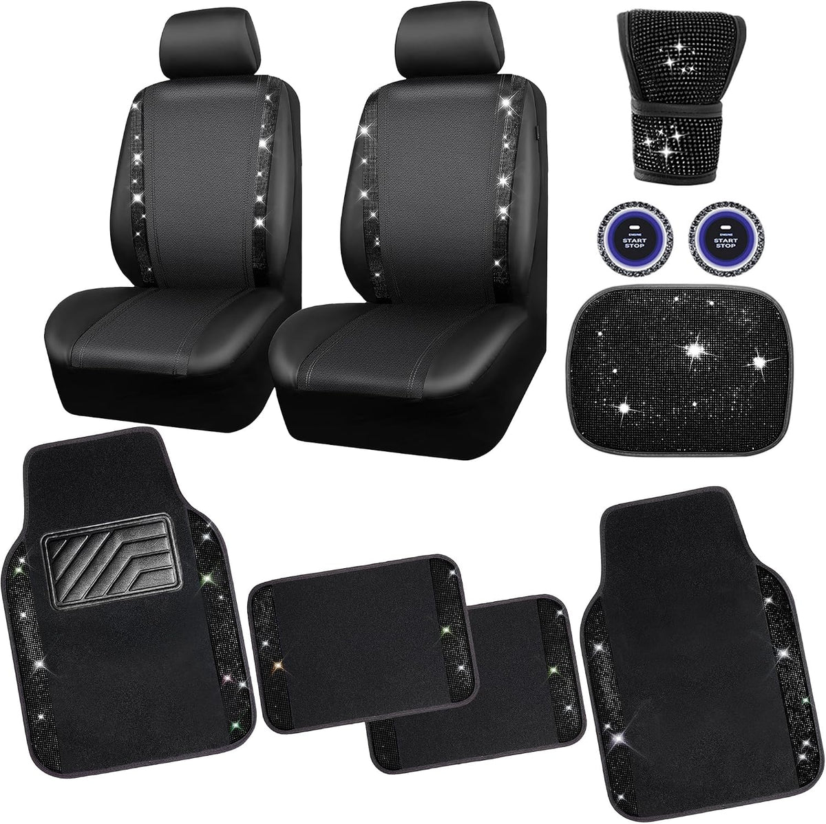 CAR PASS Rhinestone Bling Diamond Car Seat Covers Leather Shining Car Floor Mats Carpet Waterproof Anti-Slip Nibs Car Accessories Interior Sets for Women Silver Glitter White Sparkly Crystal mysite