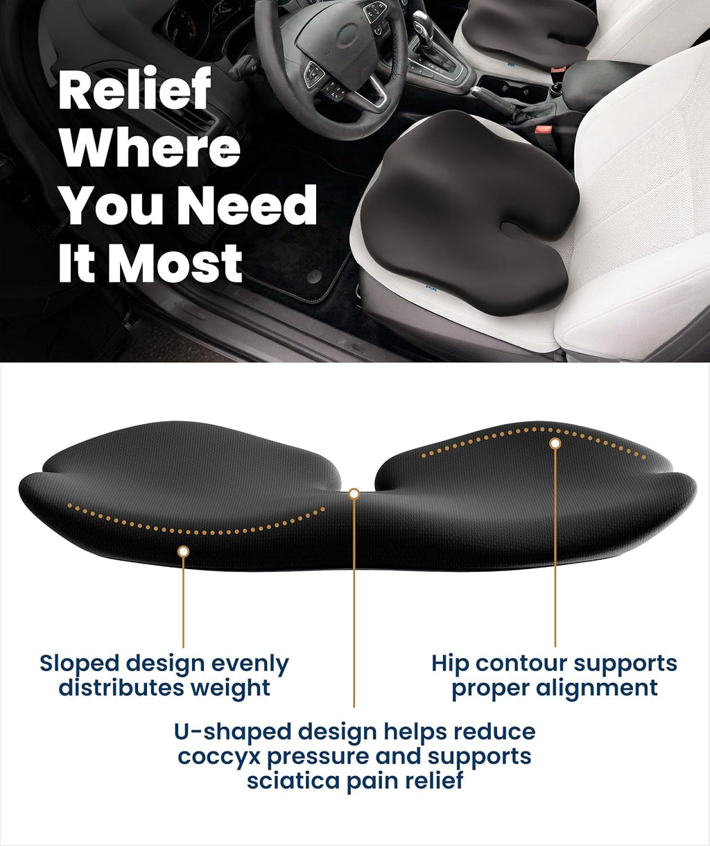 Everlasting Comfort Car Seat Cushion for Driving - Orthopedic Car Cushion for Office, Travel, Gaming Chair Memory Foam Driver Booster for Short People, Non-Slip, Washable Cover, Back & Sciatica Relief mysite