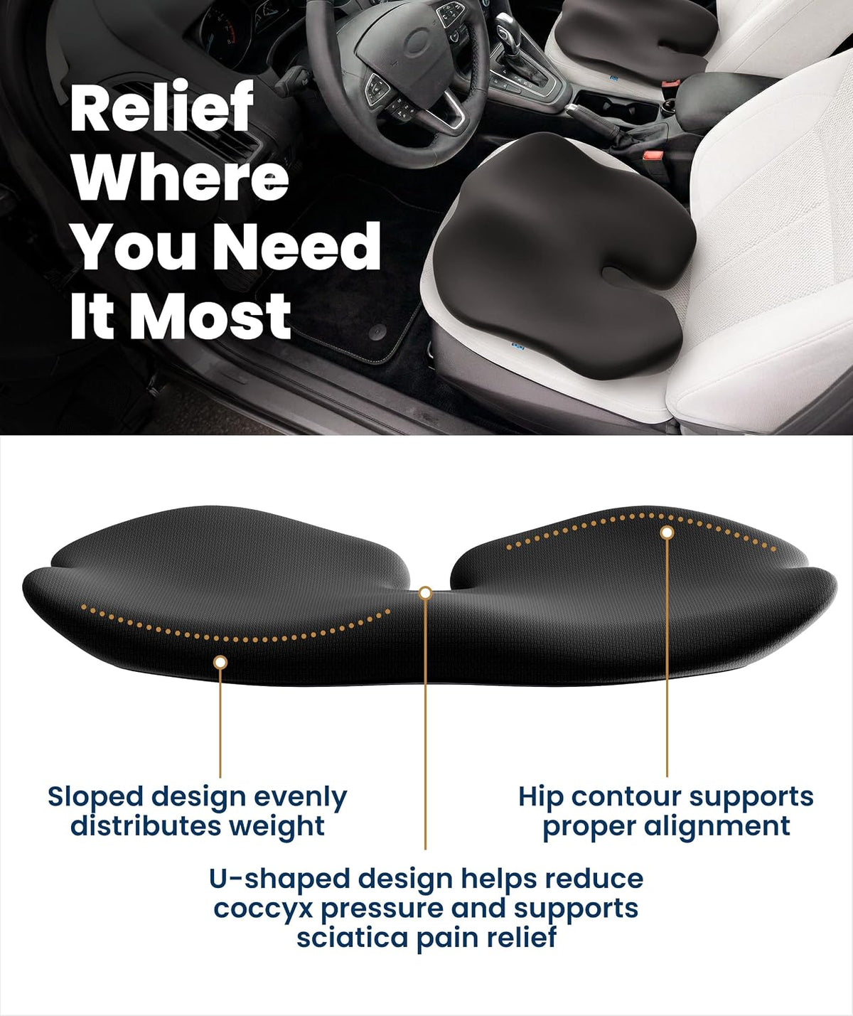 Everlasting Comfort Car Seat Cushion for Driving - Orthopedic Car Cushion for Office, Travel, Gaming Chair Memory Foam Driver Booster for Short People, Non-Slip, Washable Cover, Back & Sciatica Relief mysite