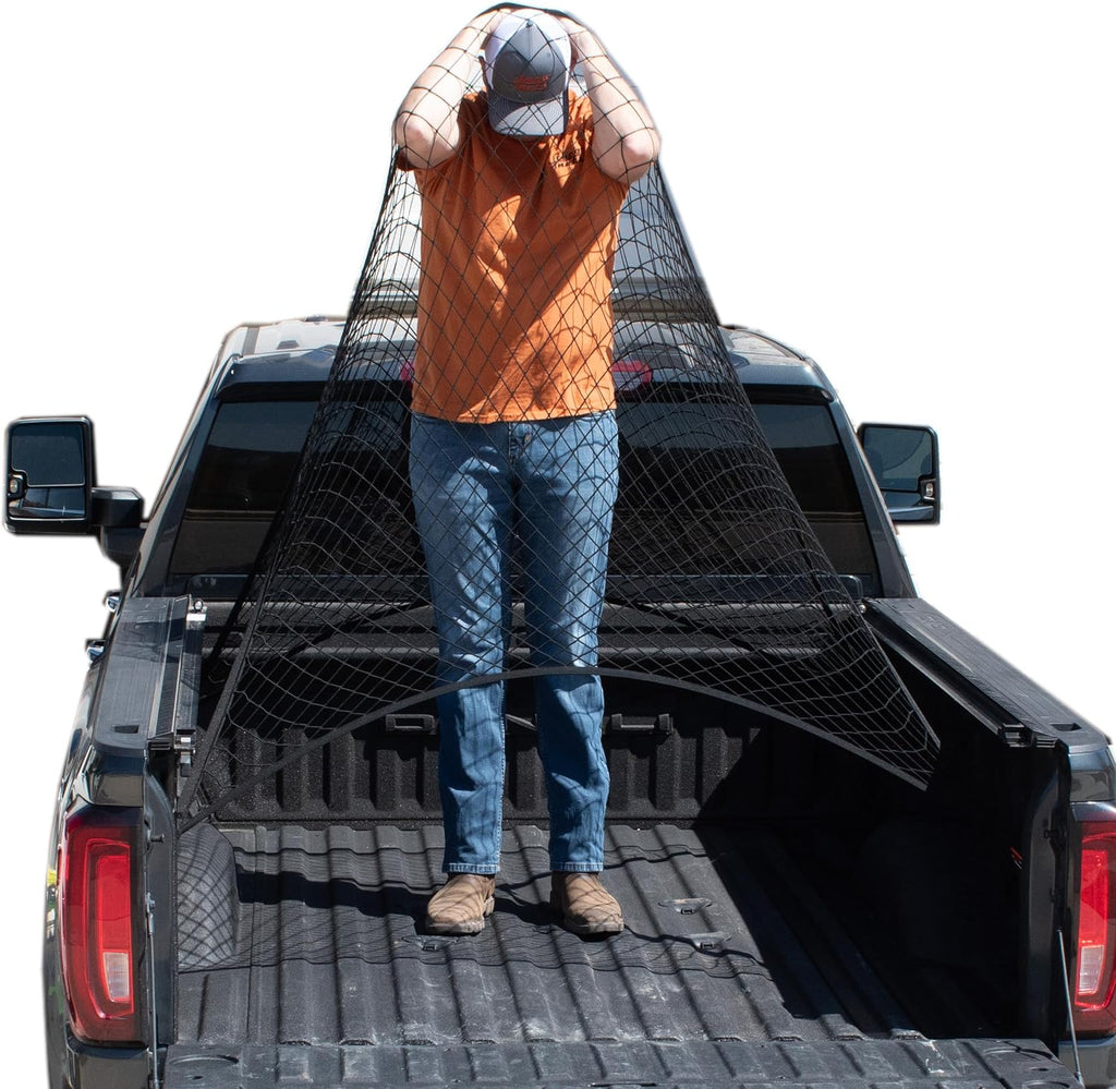 Upgraded Highly Elastic Truck Bed Cargo Net Organizer, 4'x4', USA | Simple elastic truck bed cargo mesh organizer for light loads. Heavy-duty carabiners. 4'x4'. USA company. mysite