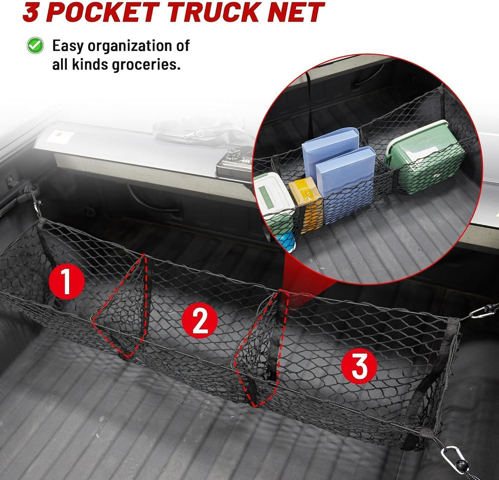 RED WOLF 3 Pocket Truck Bed Cargo Net for Toyota Ford Dodge GMC Chevy Silverado, Universal Pickup Mesh Storage Net 47.2" x 11.8" Stretchable Elastic Truck Bed Grocery Holder Net with 4 Ball Bungees mysite