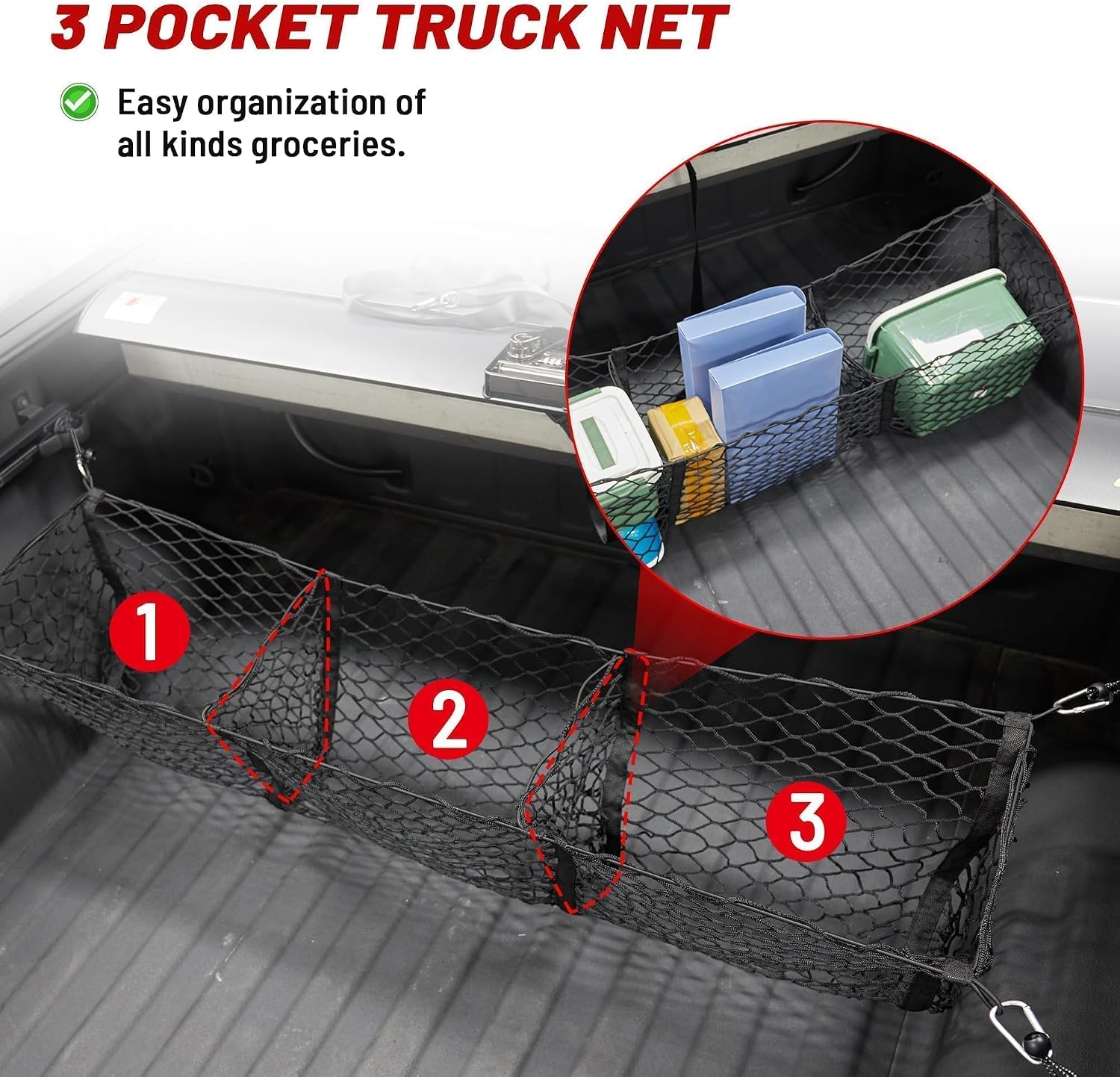 RED WOLF 3 Pocket Truck Bed Cargo Net for Toyota Ford Dodge GMC Chevy Silverado, Universal Pickup Mesh Storage Net 47.2" x 11.8" Stretchable Elastic Truck Bed Grocery Holder Net with 4 Ball Bungees mysite