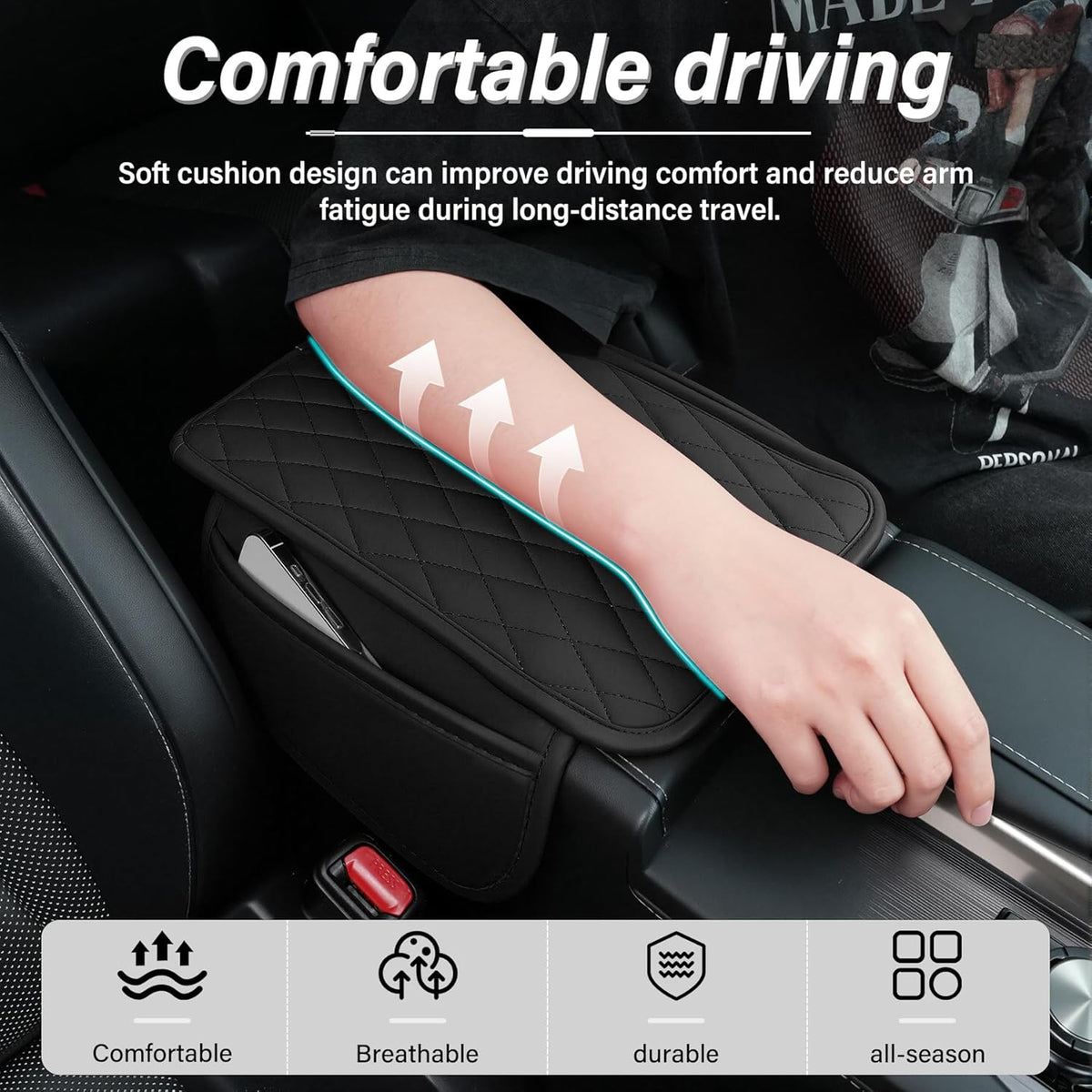 Amiss Car Center Console Cover, Upgraded Leather Car Armrest Cushion with 2 Storage Pockets, Universal Waterproof Cushion Pad, Non-Slip Car Interior Accessories, Fits Most Sedans SUVs Trucks (Black) mysite