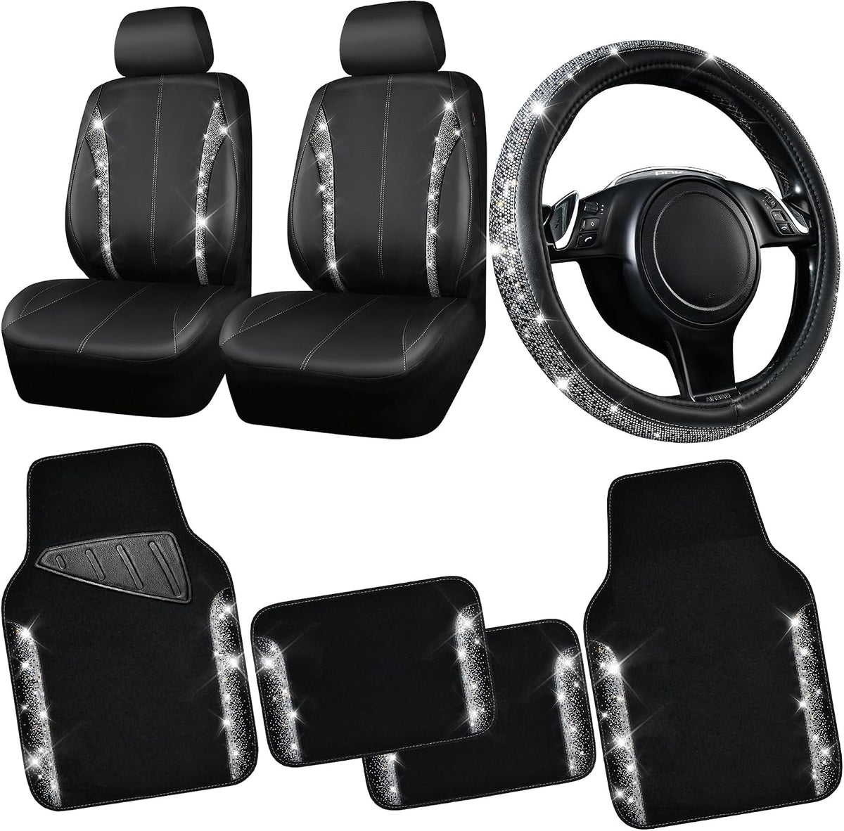 CAR PASS Rhinestone Bling Diamond Car Seat Covers Leather Shining Car Floor Mats Carpet Waterproof Anti-Slip Nibs Car Accessories Interior Sets for Women Silver Glitter White Sparkly Crystal mysite