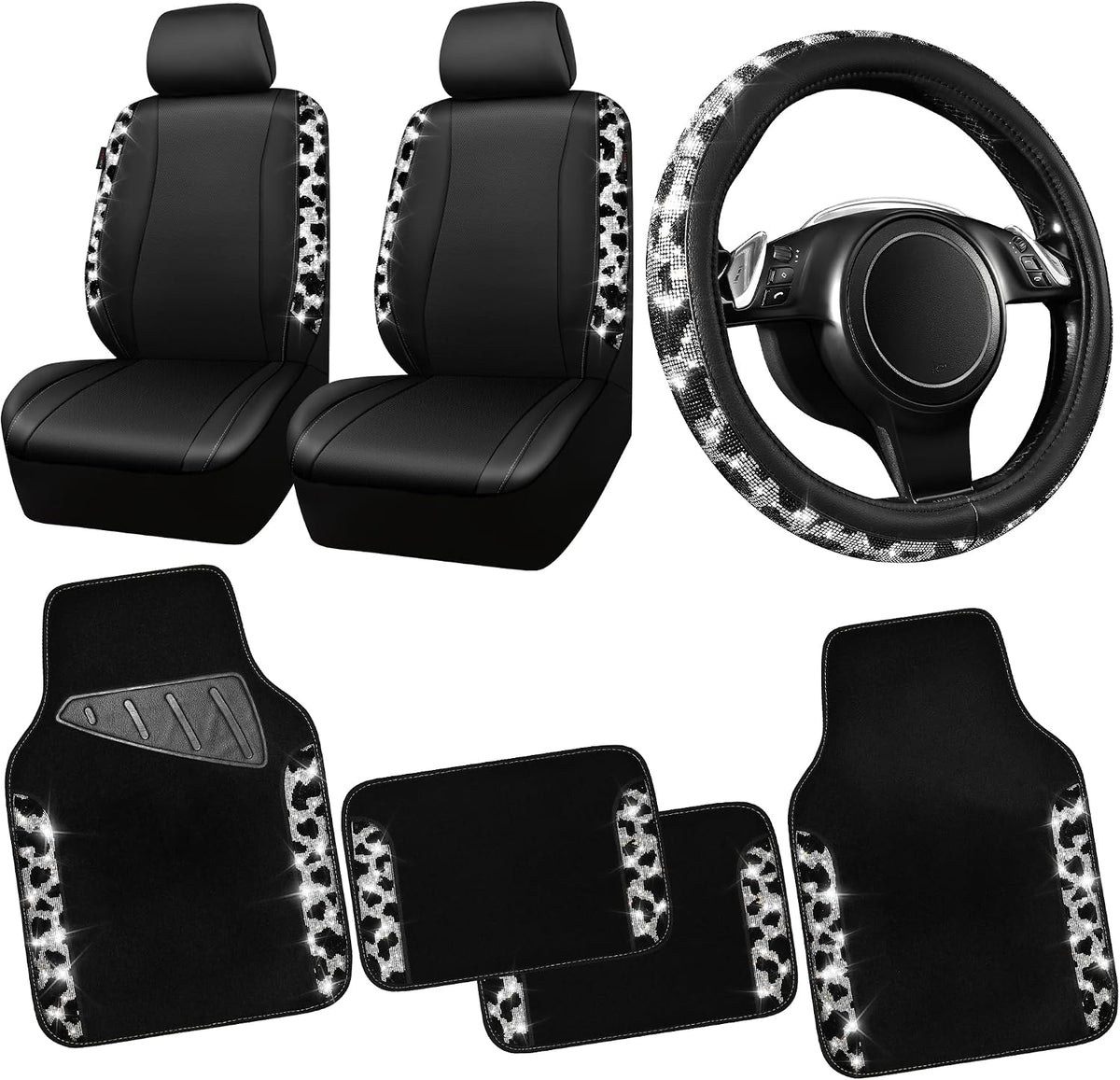 CAR PASS Rhinestone Bling Diamond Car Seat Covers Leather Shining Car Floor Mats Carpet Waterproof Anti-Slip Nibs Car Accessories Interior Sets for Women Silver Glitter White Sparkly Crystal mysite