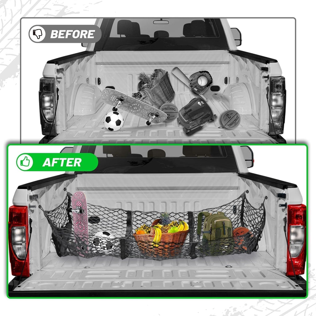 RED WOLF 3 Pocket Truck Bed Cargo Net for Toyota Ford Dodge GMC Chevy Silverado, Universal Pickup Mesh Storage Net 47.2" x 11.8" Stretchable Elastic Truck Bed Grocery Holder Net with 4 Ball Bungees mysite