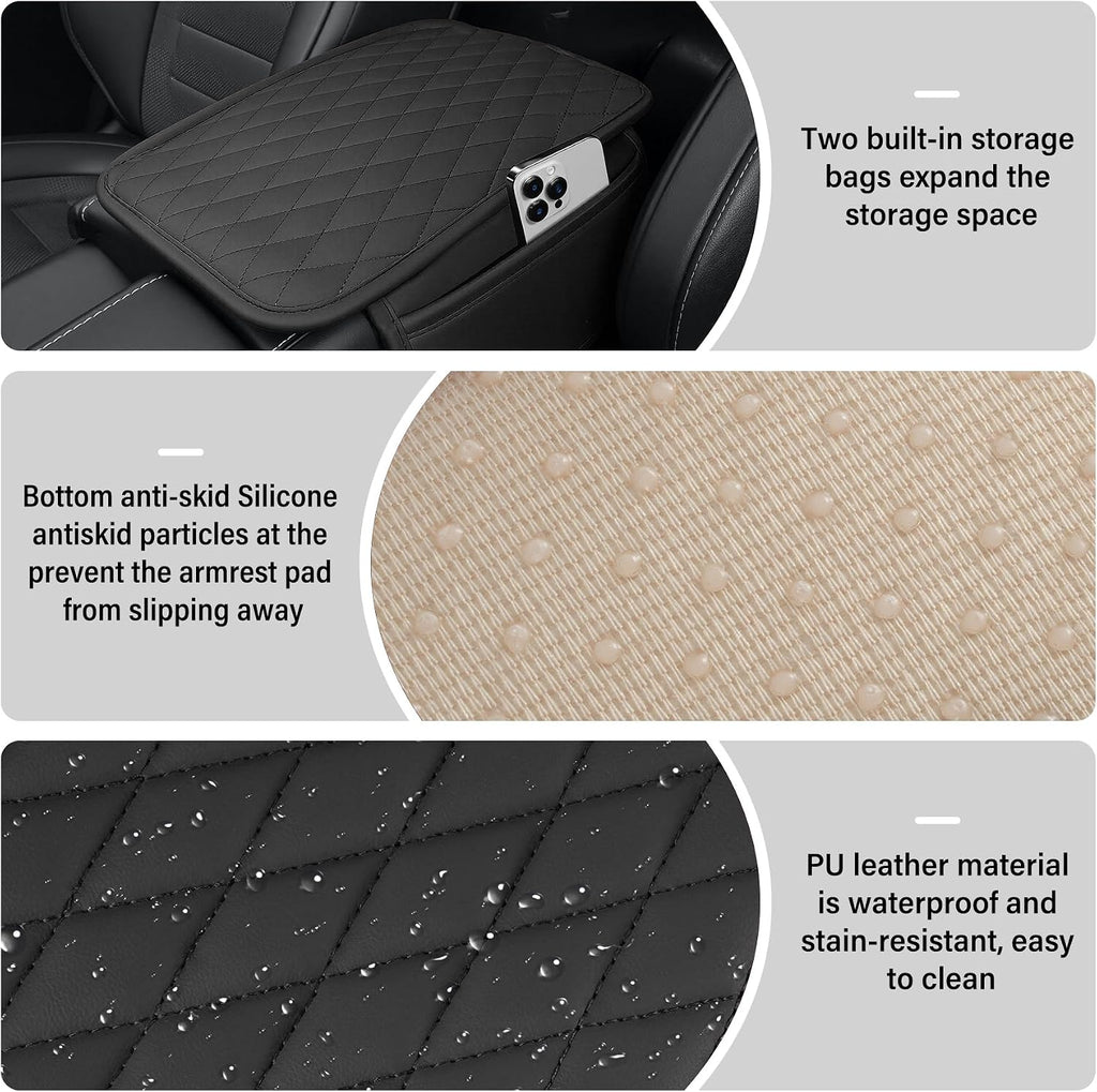 Amiss Car Center Console Cover, Upgraded Leather Car Armrest Cushion with 2 Storage Pockets, Universal Waterproof Cushion Pad, Non-Slip Car Interior Accessories, Fits Most Sedans SUVs Trucks (Black) mysite
