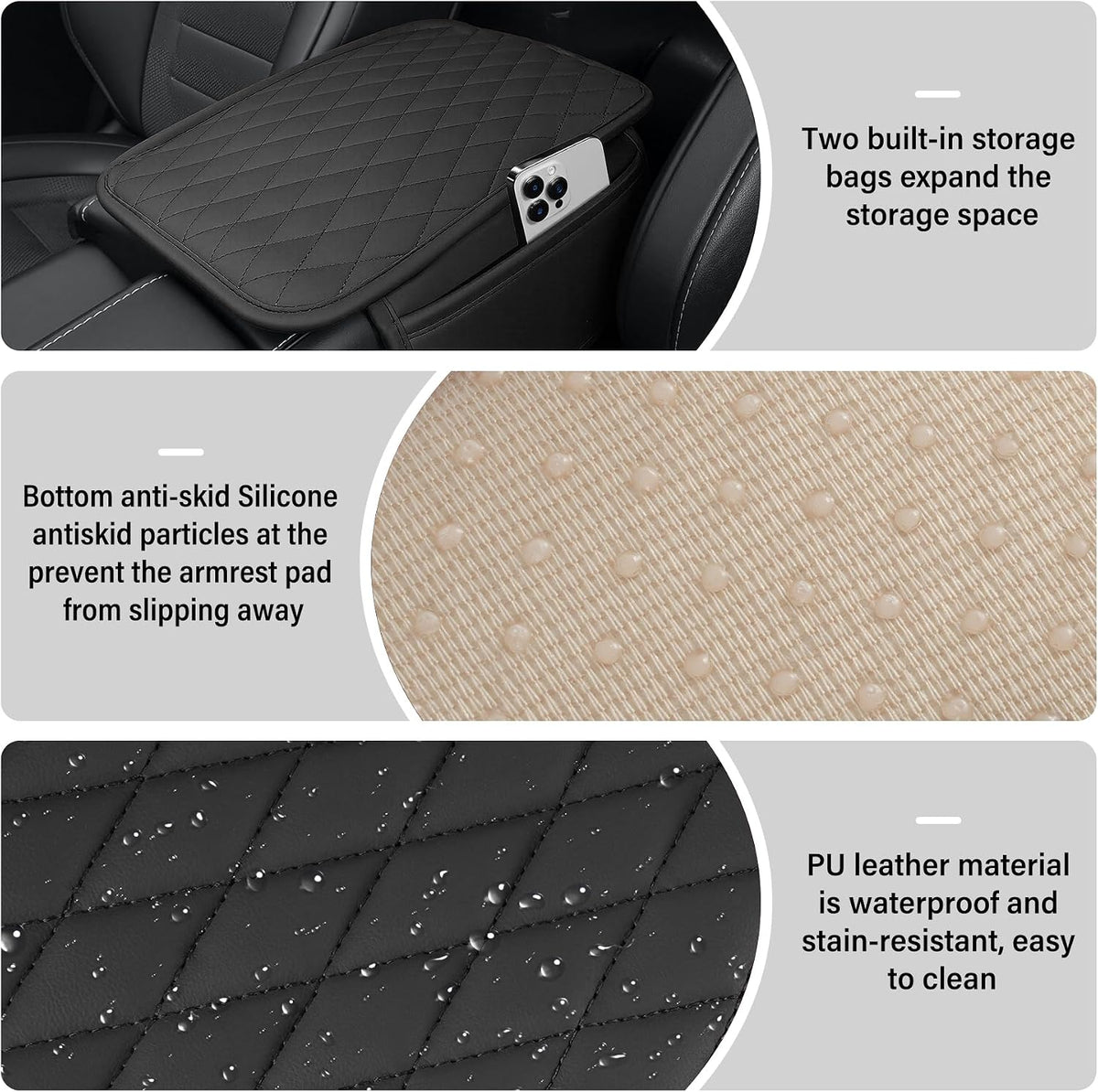 Amiss Car Center Console Cover, Upgraded Leather Car Armrest Cushion with 2 Storage Pockets, Universal Waterproof Cushion Pad, Non-Slip Car Interior Accessories, Fits Most Sedans SUVs Trucks (Black) mysite
