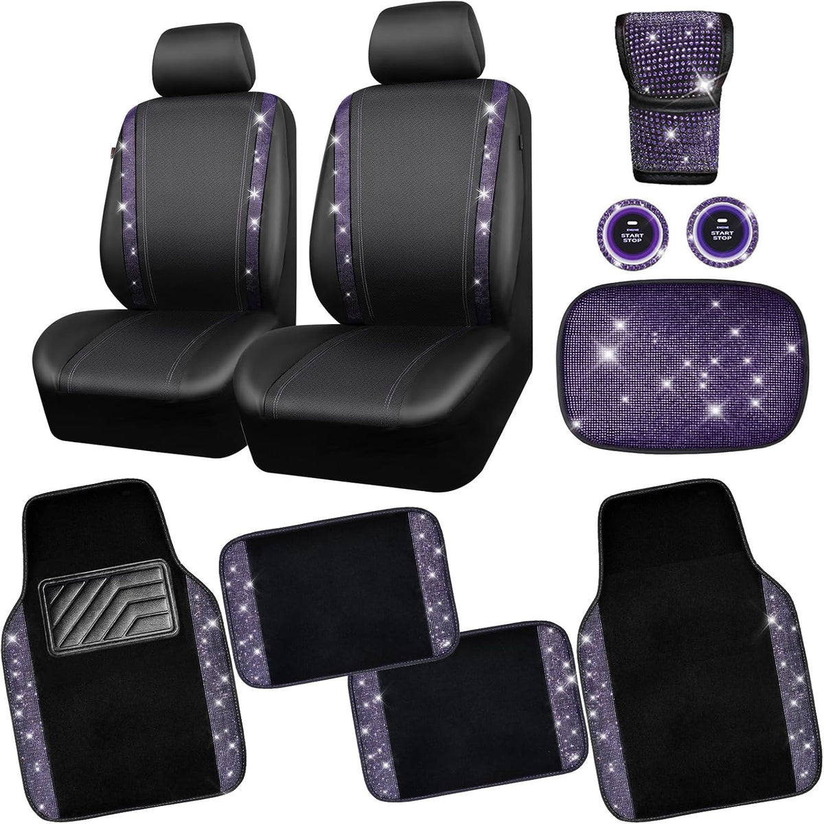 CAR PASS Rhinestone Bling Diamond Car Seat Covers Leather Shining Car Floor Mats Carpet Waterproof Anti-Slip Nibs Car Accessories Interior Sets for Women Silver Glitter White Sparkly Crystal mysite