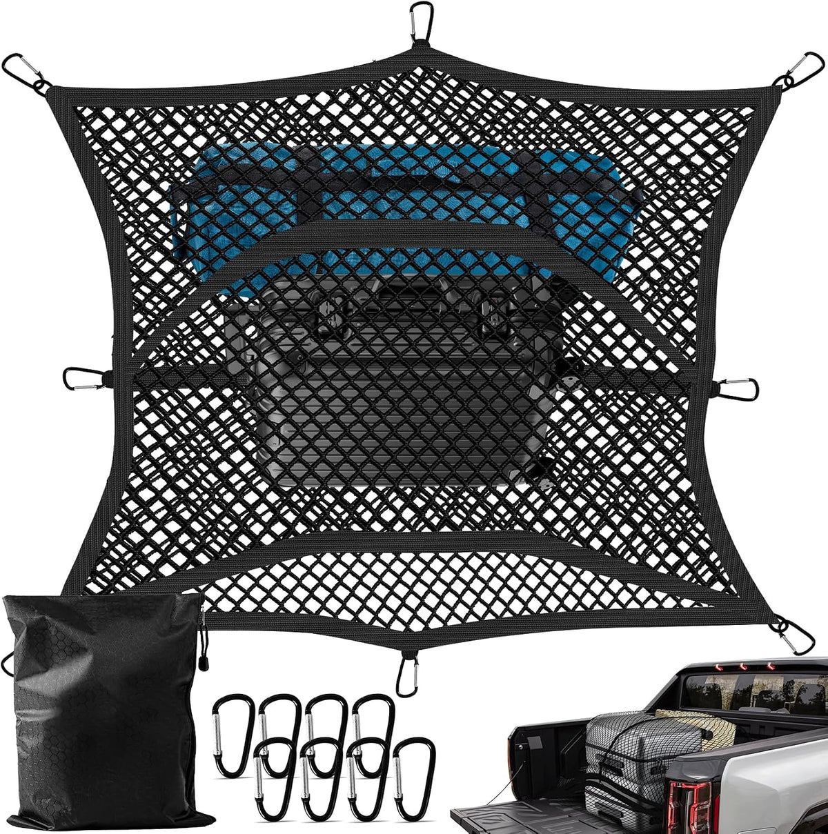 Truck Bed Cargo Net, Stretchable from 4'x4' to 7'x7',High Elastic Cargo Net with Storage Bag and 8 rustproof Buckles, Ideal for ATV, SUV, UTV, Truck and Boat Use, Black mysite