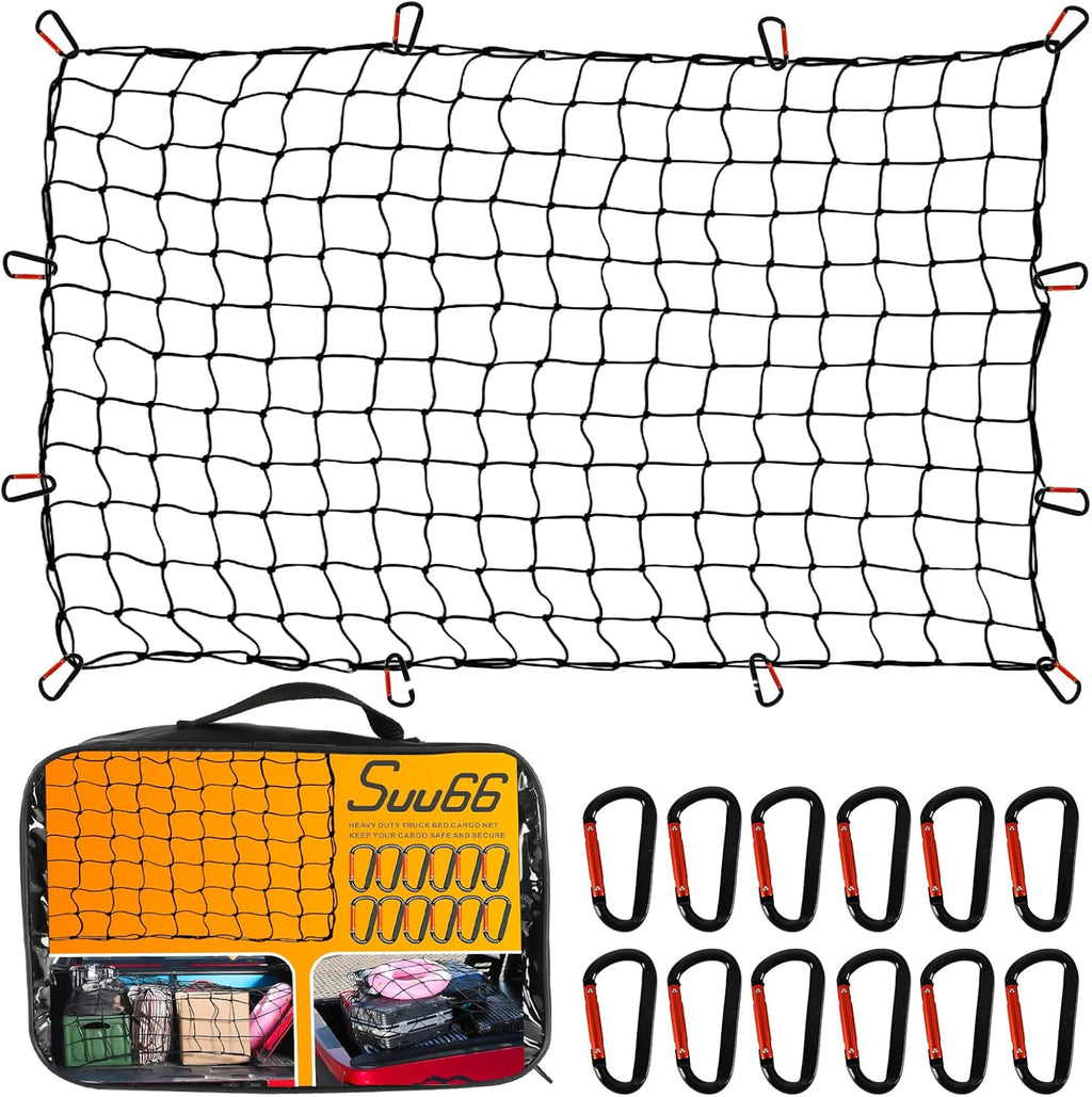 Suu66 Heavy Duty Cargo Net for Pickup Truck Bed - 5' x 7' Stretches to 15' x 21' - Sturdy Latex Bungee Net Mesh - with 12 Metal Carabiners - Truck Bed Accessories for Dodge RAM, Ford, Chevy, Toyota mysite