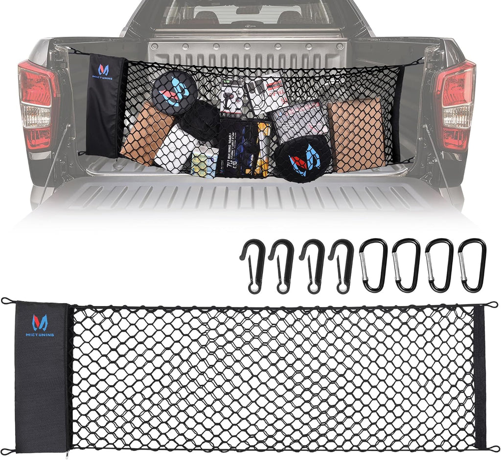 MICTUNING Truck Bed Cargo Net, 49"x15.2" Stretch to 60" Elastic Pickup Cargo Net with 4 Metal Carabiners, Compatible with 2013-2022 Chevy Silverado & 2015-2024 Ford F150 F250 Truck mysite