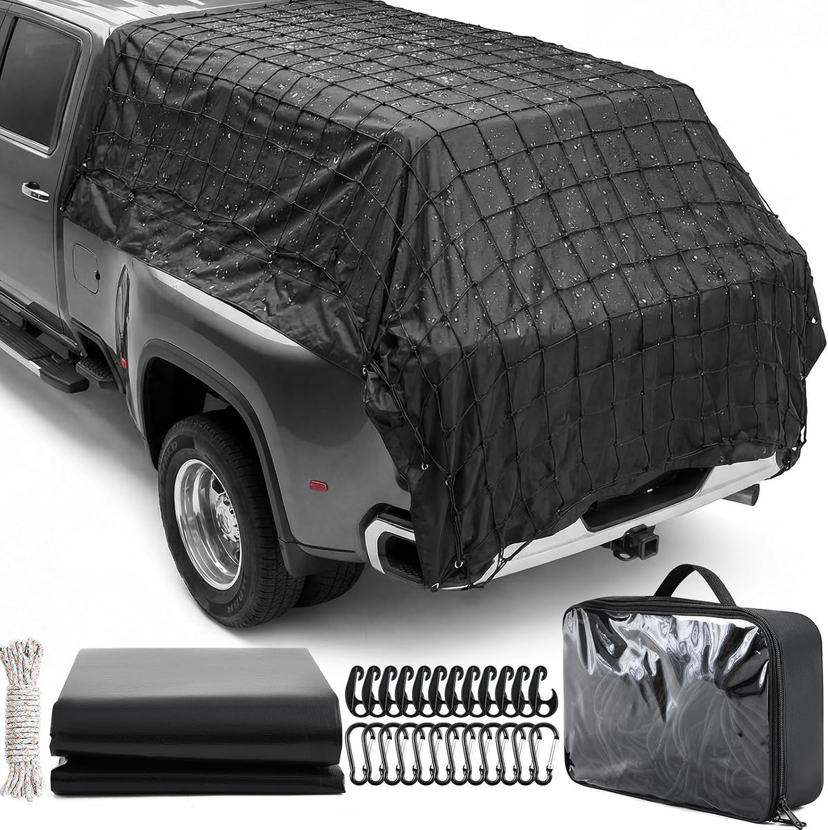 Tranqun 6'x10' XL Truck Bed Tarp & 4'x6' Cargo Net Expand to 8'x12', Black | Removable Net & XL Tarp, Waterproof Cargo Cover, Hooks D-rings & Rope, Secures Loads All Weather, Pickup Cargo Securing Set mysite
