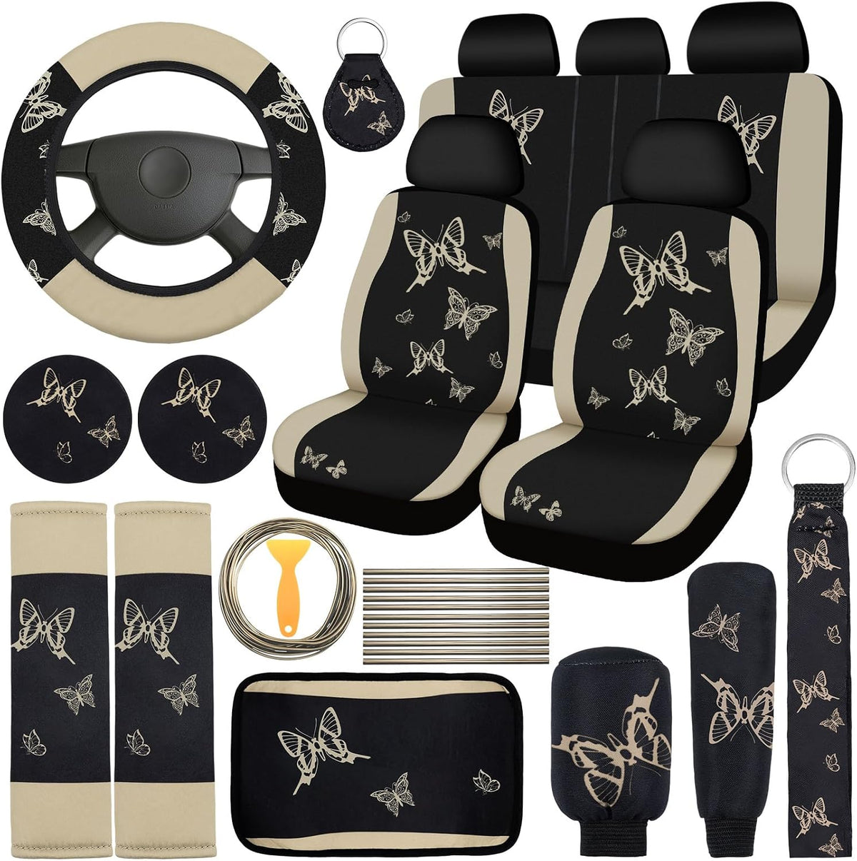 BBTO 43 Pcs Car Seat Cover Set for Women SUV,Butterfly,Cream-Colored mysite