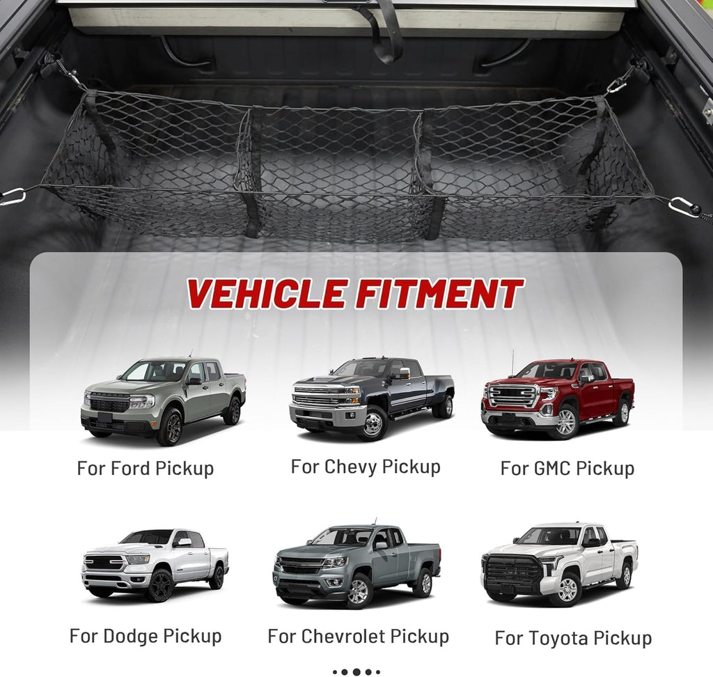 RED WOLF 3 Pocket Truck Bed Cargo Net for Toyota Ford Dodge GMC Chevy Silverado, Universal Pickup Mesh Storage Net 47.2" x 11.8" Stretchable Elastic Truck Bed Grocery Holder Net with 4 Ball Bungees mysite