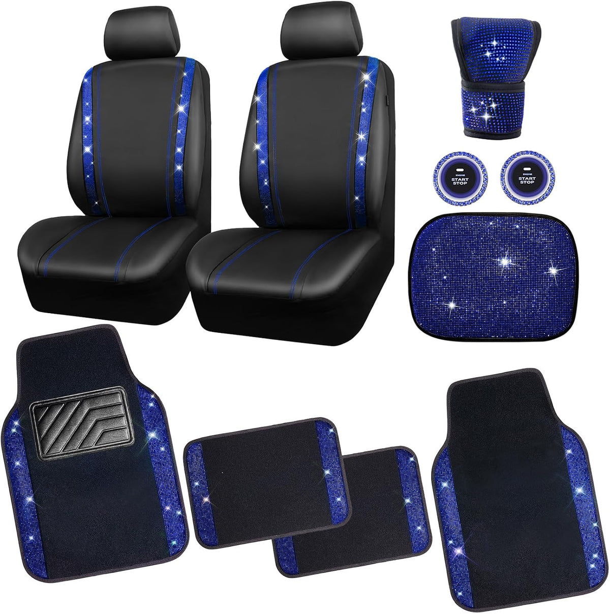 CAR PASS Rhinestone Bling Diamond Car Seat Covers Leather Shining Car Floor Mats Carpet Waterproof Anti-Slip Nibs Car Accessories Interior Sets for Women Silver Glitter White Sparkly Crystal mysite
