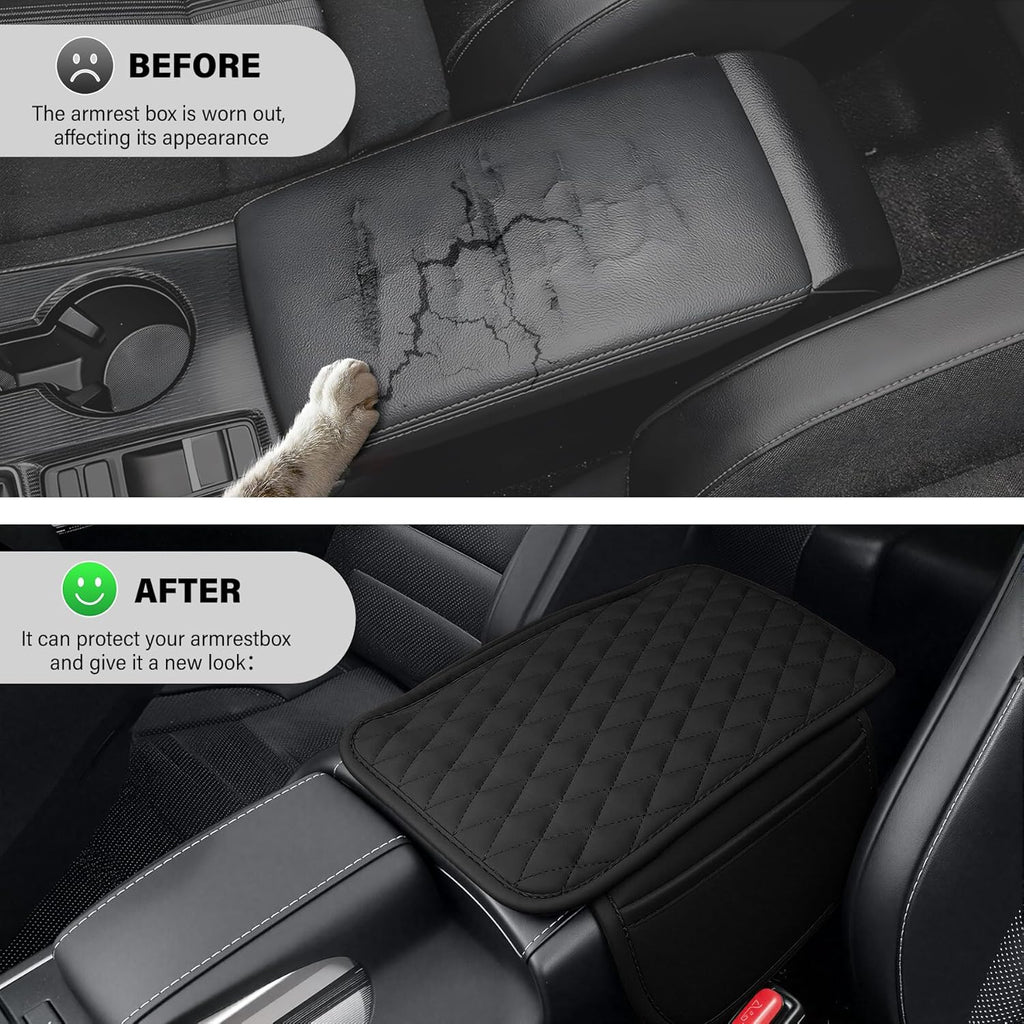 Amiss Car Center Console Cover, Upgraded Leather Car Armrest Cushion with 2 Storage Pockets, Universal Waterproof Cushion Pad, Non-Slip Car Interior Accessories, Fits Most Sedans SUVs Trucks (Black) mysite