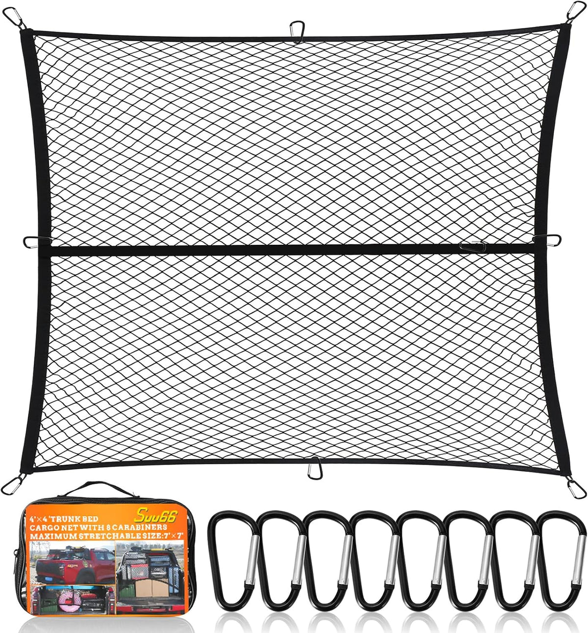 Suu66 Heavy Duty Cargo Net for Pickup Truck Bed - 5' x 7' Stretches to 15' x 21' - Sturdy Latex Bungee Net Mesh - with 12 Metal Carabiners - Truck Bed Accessories for Dodge RAM, Ford, Chevy, Toyota mysite