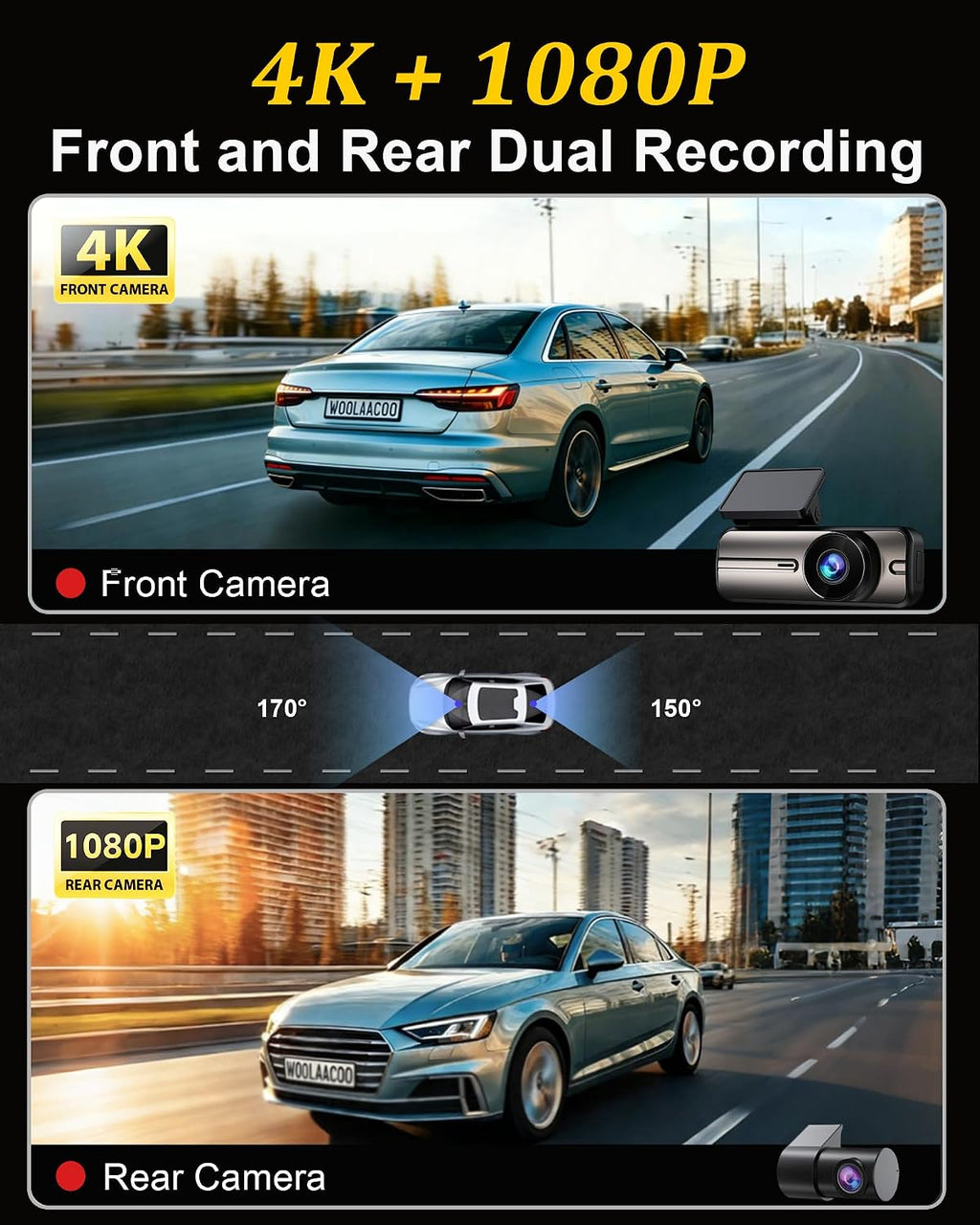 Dash Cam Front and Rear 4K+1080P, 5GHz WiFi, App Control, with 64GB Card mysite