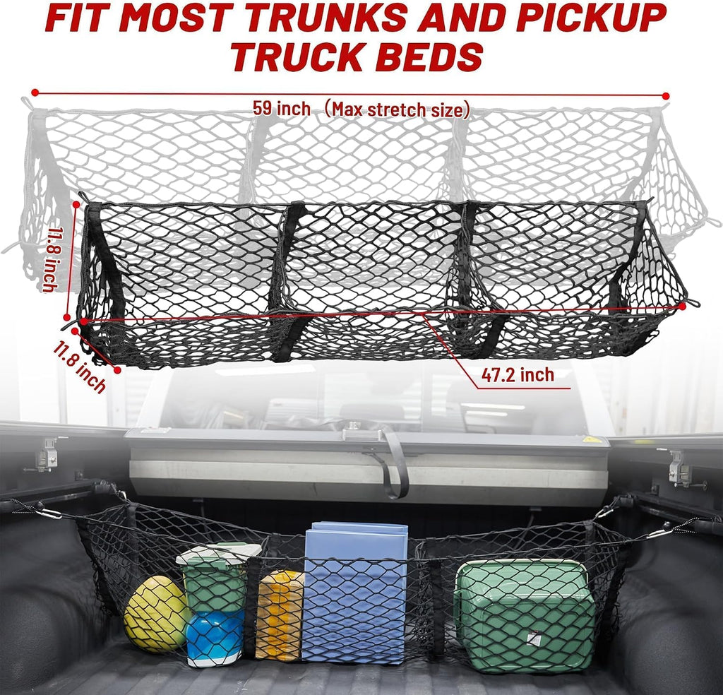RED WOLF 3 Pocket Truck Bed Cargo Net for Toyota Ford Dodge GMC Chevy Silverado, Universal Pickup Mesh Storage Net 47.2" x 11.8" Stretchable Elastic Truck Bed Grocery Holder Net with 4 Ball Bungees mysite