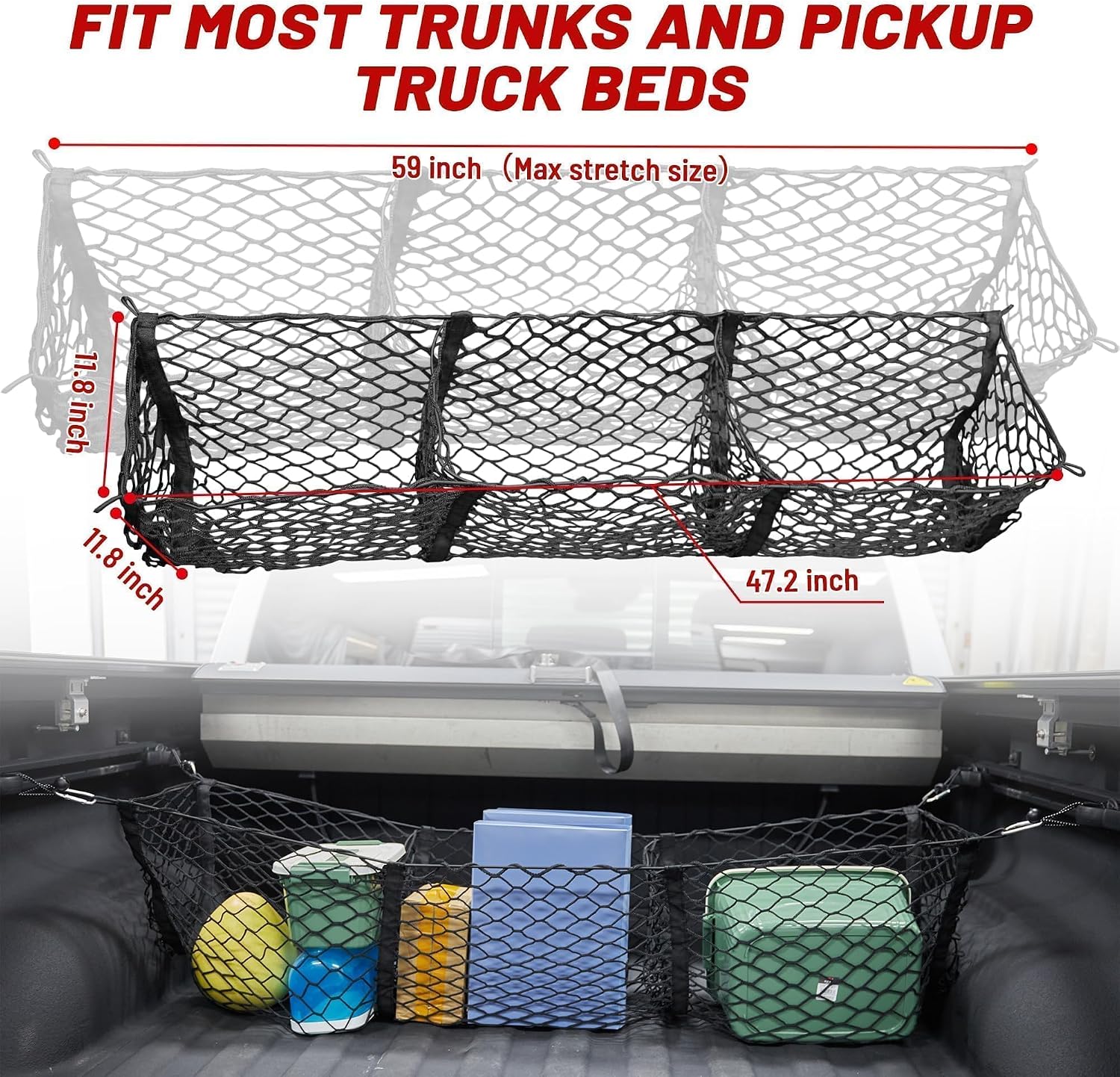 RED WOLF 3 Pocket Truck Bed Cargo Net for Toyota Ford Dodge GMC Chevy Silverado, Universal Pickup Mesh Storage Net 47.2" x 11.8" Stretchable Elastic Truck Bed Grocery Holder Net with 4 Ball Bungees mysite