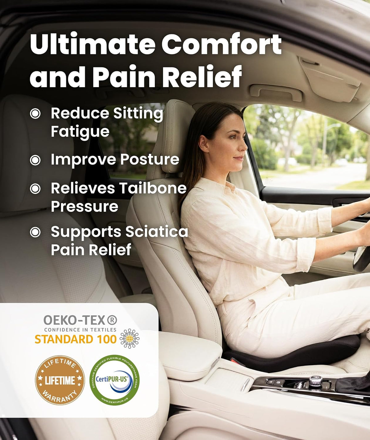 Everlasting Comfort Car Seat Cushion for Driving - Orthopedic Car Cushion for Office, Travel, Gaming Chair Memory Foam Driver Booster for Short People, Non-Slip, Washable Cover, Back & Sciatica Relief mysite