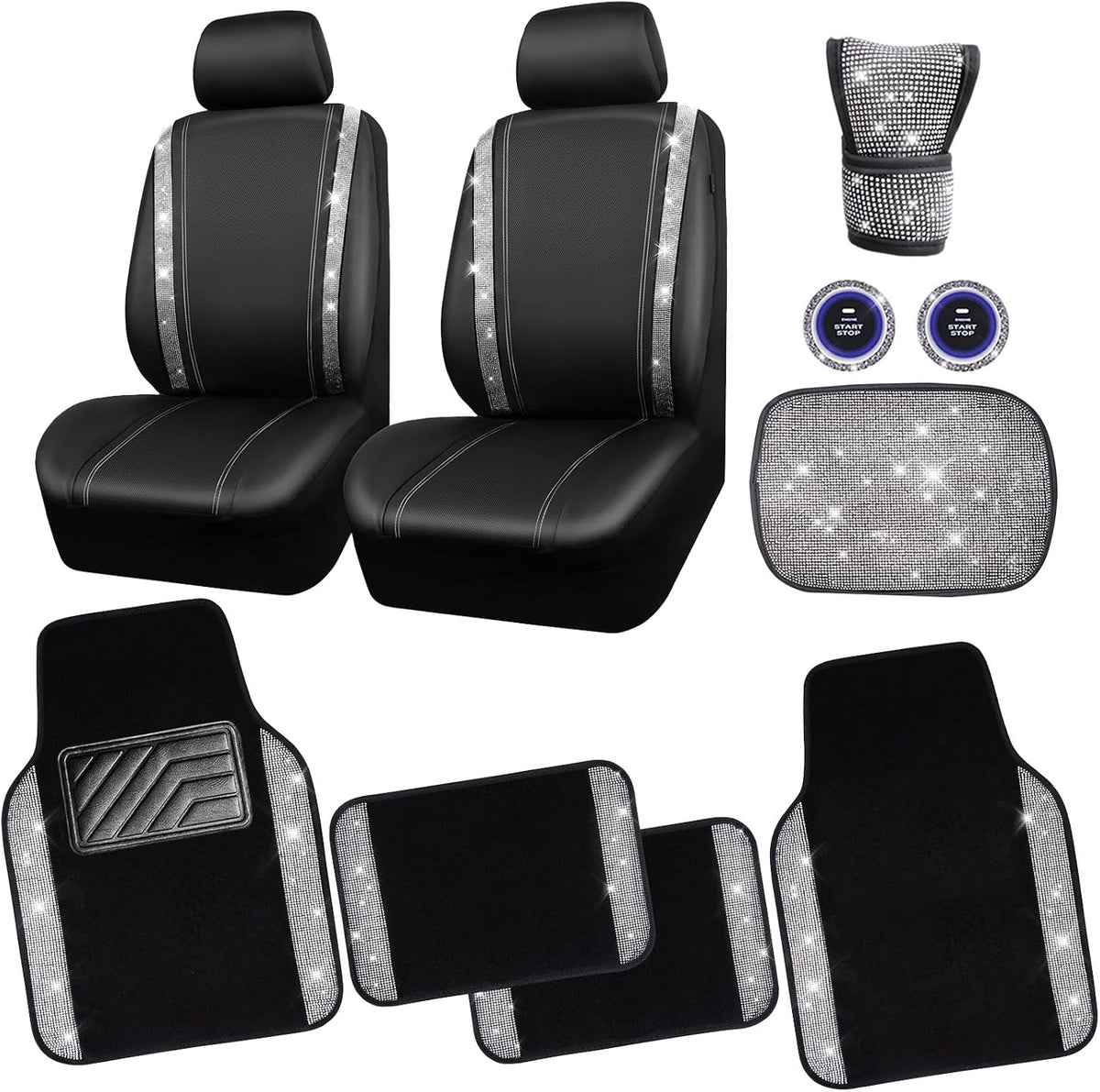 CAR PASS Rhinestone Bling Diamond Car Seat Covers Leather Shining Car Floor Mats Carpet Waterproof Anti-Slip Nibs Car Accessories Interior Sets for Women Silver Glitter White Sparkly Crystal mysite
