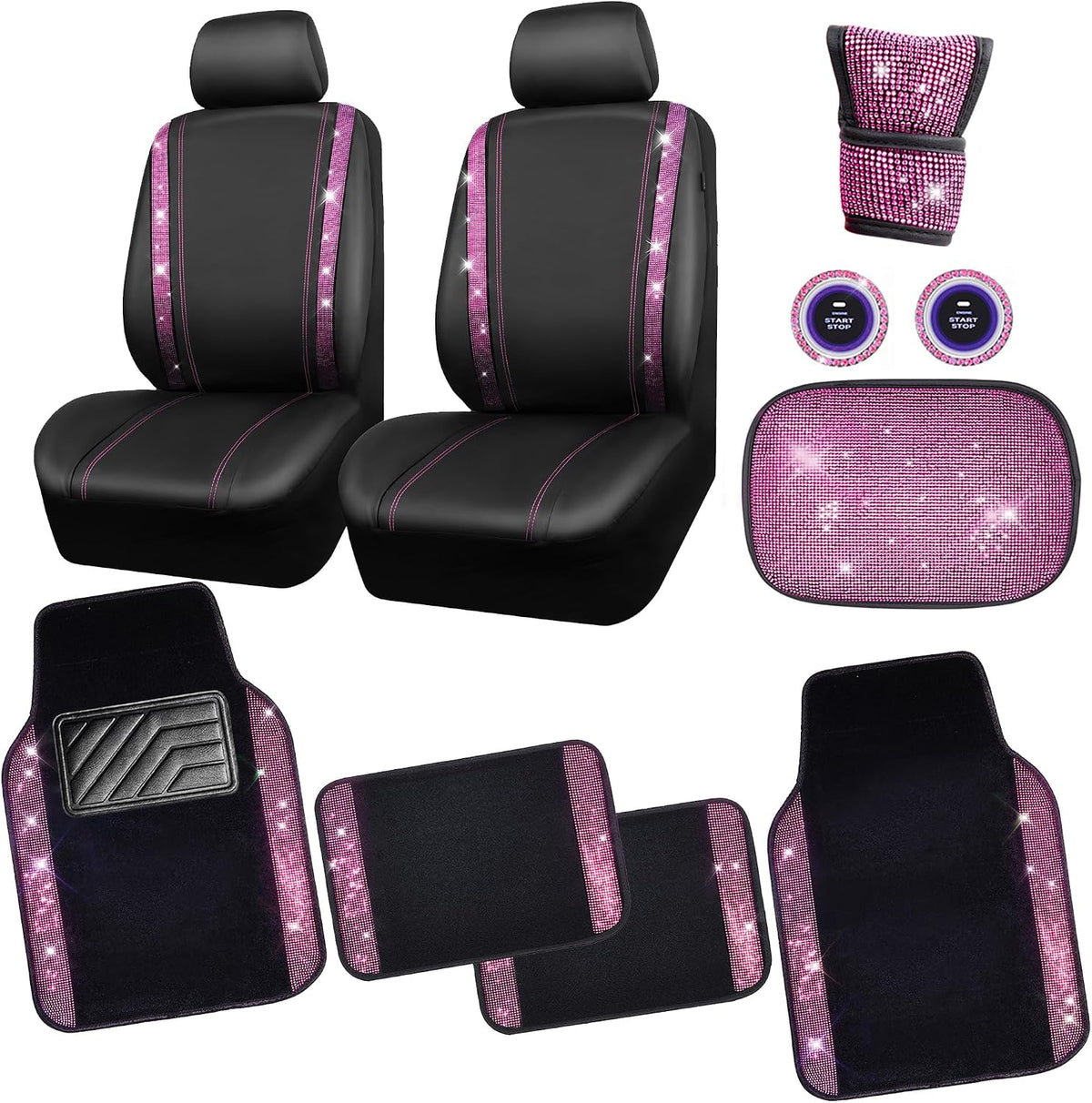 CAR PASS Rhinestone Bling Diamond Car Seat Covers Leather Shining Car Floor Mats Carpet Waterproof Anti-Slip Nibs Car Accessories Interior Sets for Women Silver Glitter White Sparkly Crystal mysite