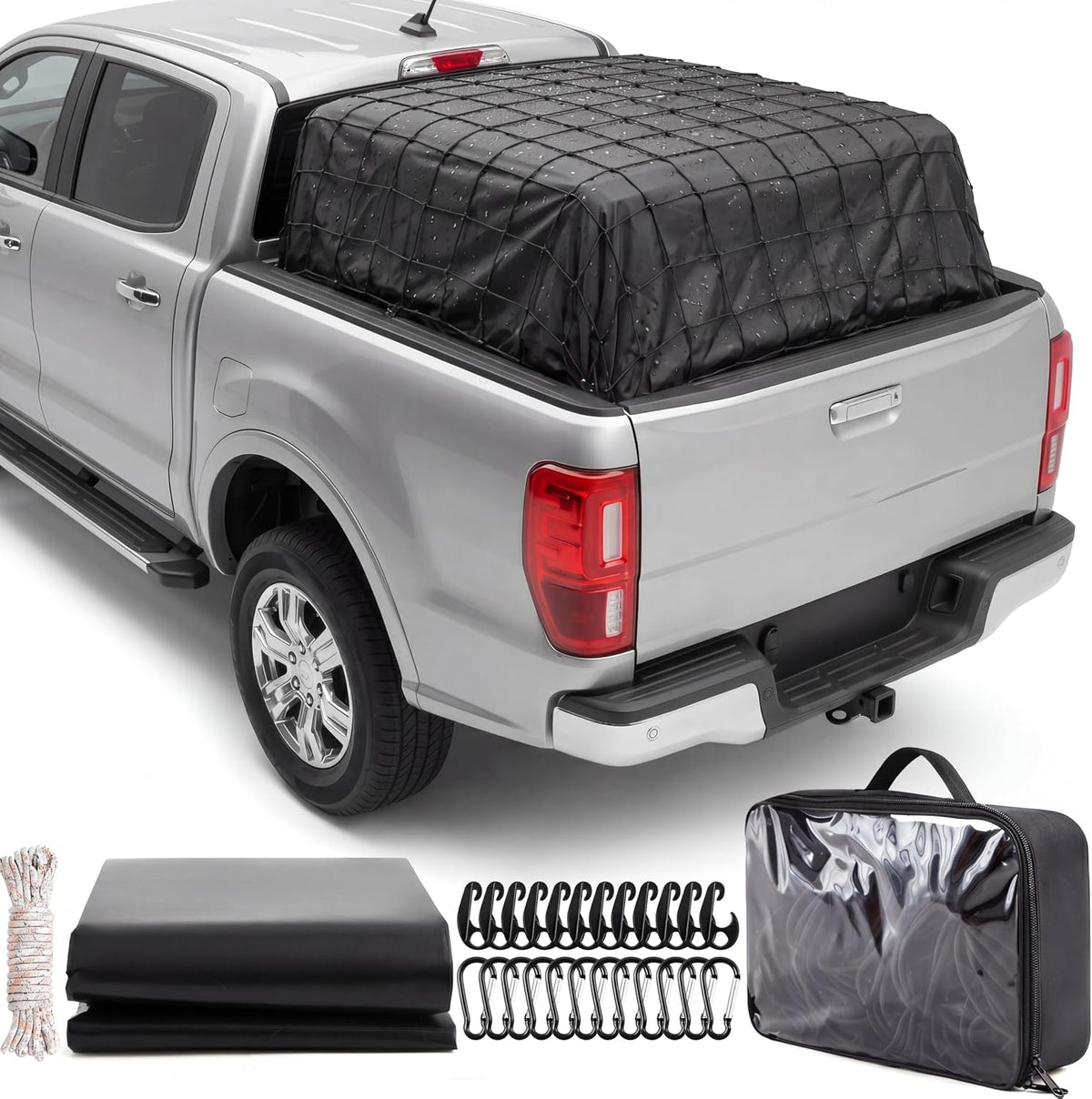Tranqun 6'x10' XL Truck Bed Tarp & 4'x6' Cargo Net Expand to 8'x12', Black | Removable Net & XL Tarp, Waterproof Cargo Cover, Hooks D-rings & Rope, Secures Loads All Weather, Pickup Cargo Securing Set mysite