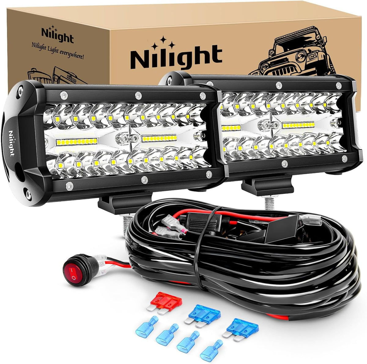 Nilight ZH303 2PCS 6.5 Inch 120W Spot & Flood Combo Driving 16AWG Wiring Harness for Led Work Light Triple Rows Off-Road Truck Car ATV SUV, 2 Years Warranty, White mysite