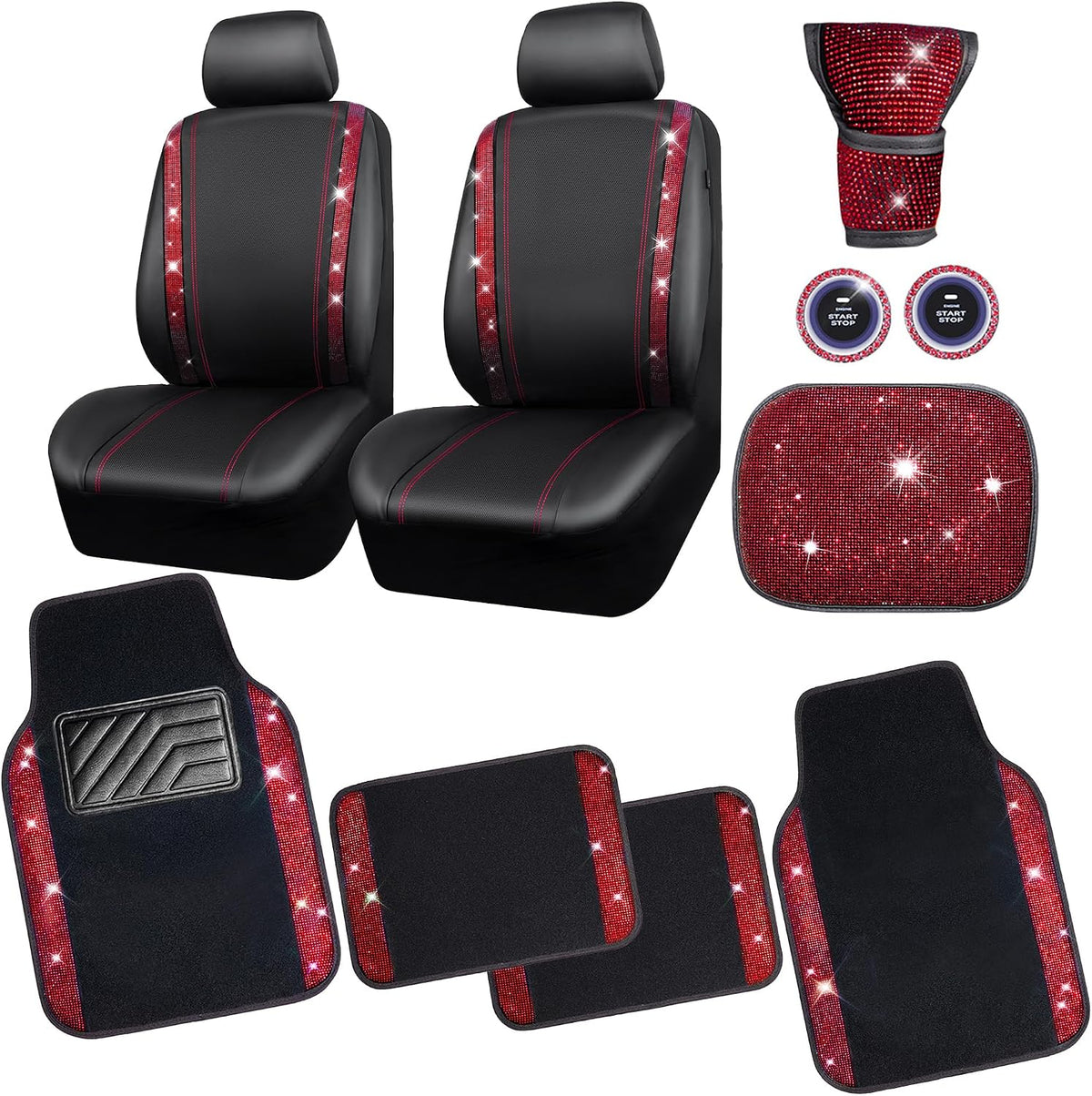 CAR PASS Rhinestone Bling Diamond Car Seat Covers Leather Shining Car Floor Mats Carpet Waterproof Anti-Slip Nibs Car Accessories Interior Sets for Women Silver Glitter White Sparkly Crystal mysite