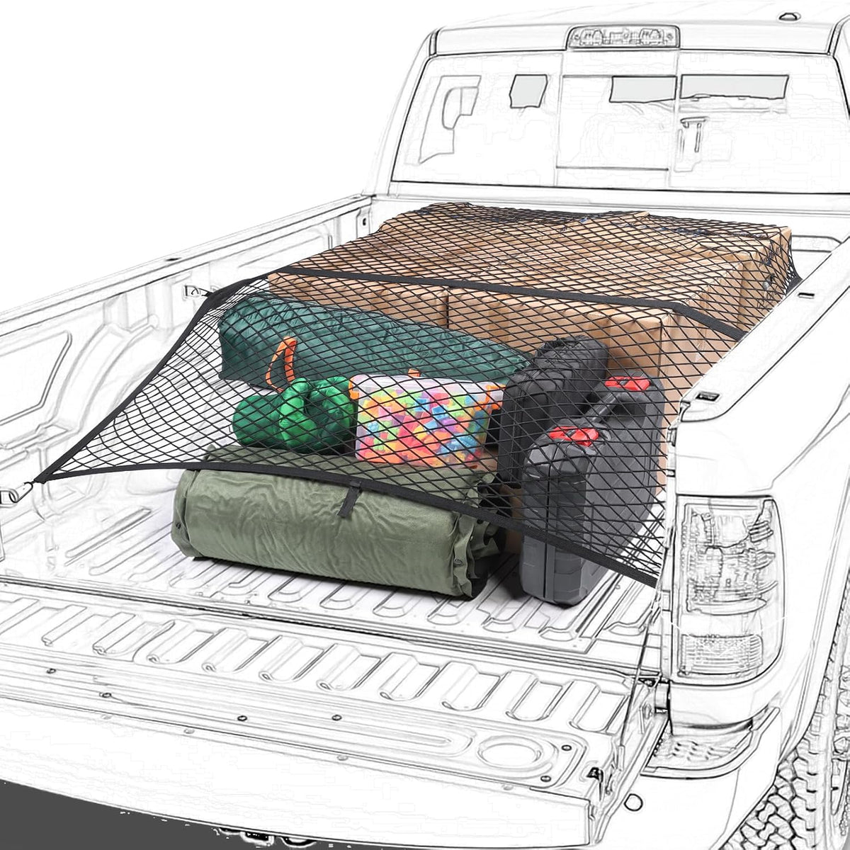 Elastic Truck Bed Net for F150 Tacoma Silverado Sierra RAM Cybertruck | Expands 4x4 to 7x7 ft | 8 Heavy Duty Carabiners | Fits SUV ATV UTV Trailer | Secure Cargo | Prevent Rolling | Easy Install mysite