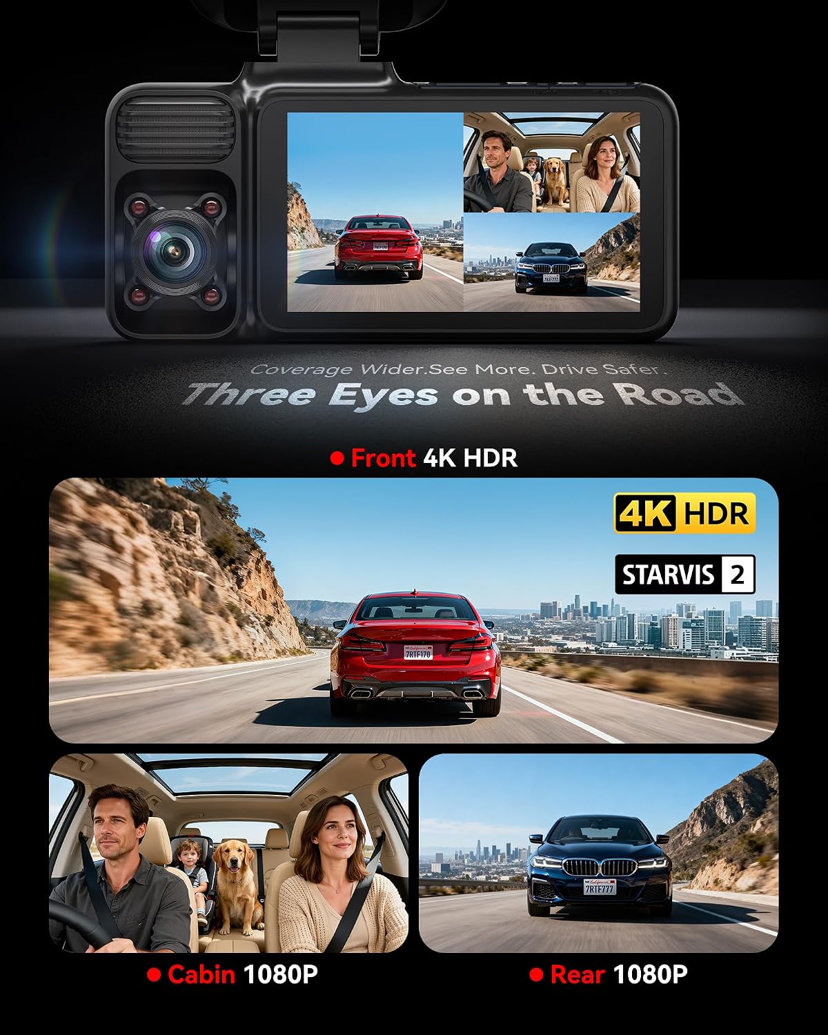REDTIGER F17 4K 3CH Dash Cam, STARVIS 2 Sensor HDR, 64GB Card, 5.8GHz WiFi mysite