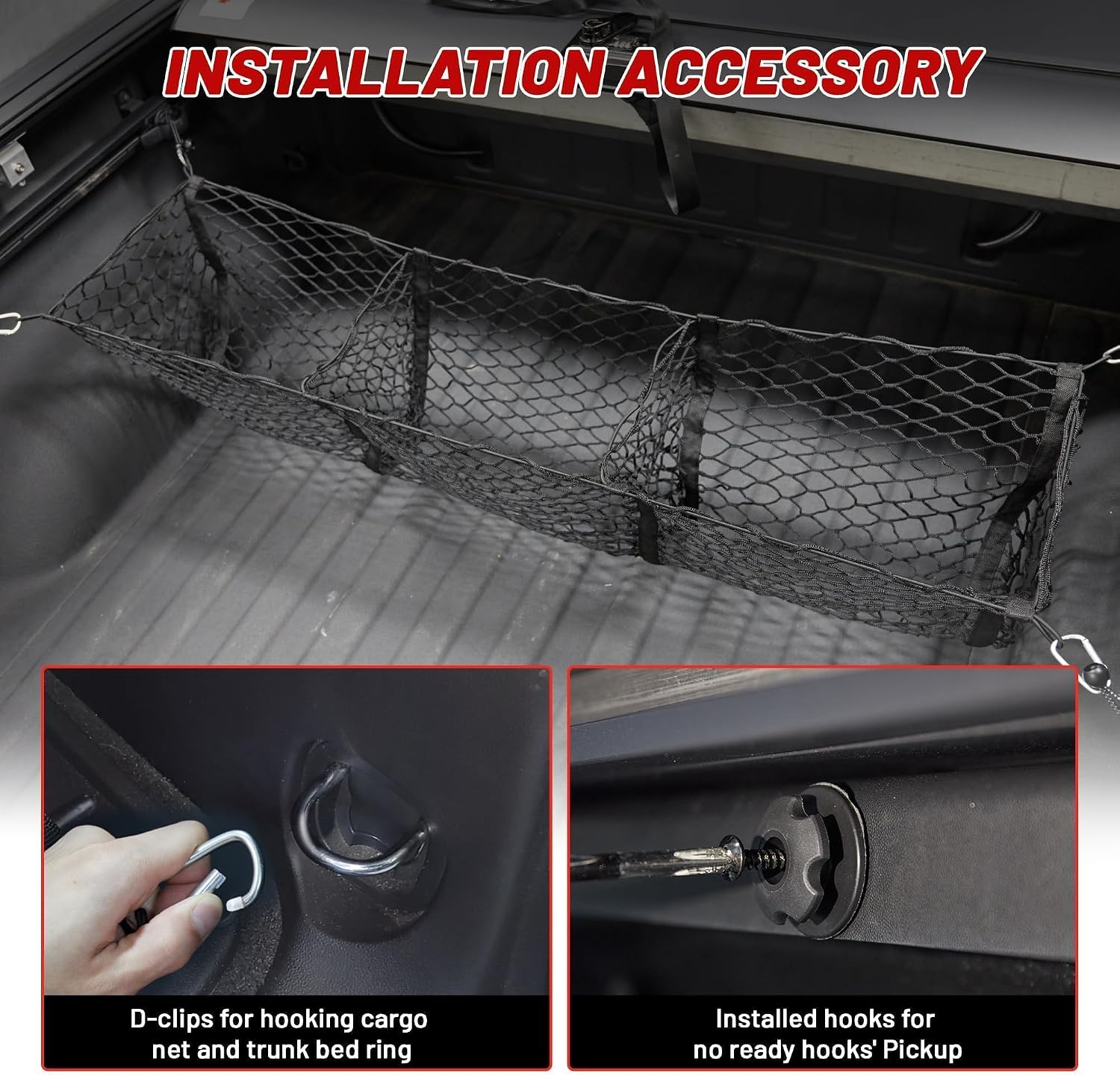 RED WOLF 3 Pocket Truck Bed Cargo Net for Toyota Ford Dodge GMC Chevy Silverado, Universal Pickup Mesh Storage Net 47.2" x 11.8" Stretchable Elastic Truck Bed Grocery Holder Net with 4 Ball Bungees mysite