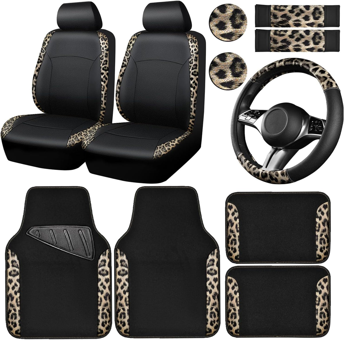 CAR PASS Leopard Print Faux Leather Car Seat Covers & Leopard Car Mats&Leopard Steering Wheel Cover Seat Belt Pad Universal Car Accessories for SUV,Van,Saden,Truck Automobile Interior Sets mysite