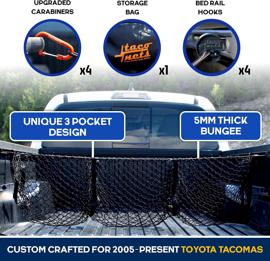 Three Pocket Cargo Net for 2005-2026 Toyota Tacoma - Patented Design - Premium Truck Bed Organizers & Storage - Grocery Holder - Designed in USA mysite