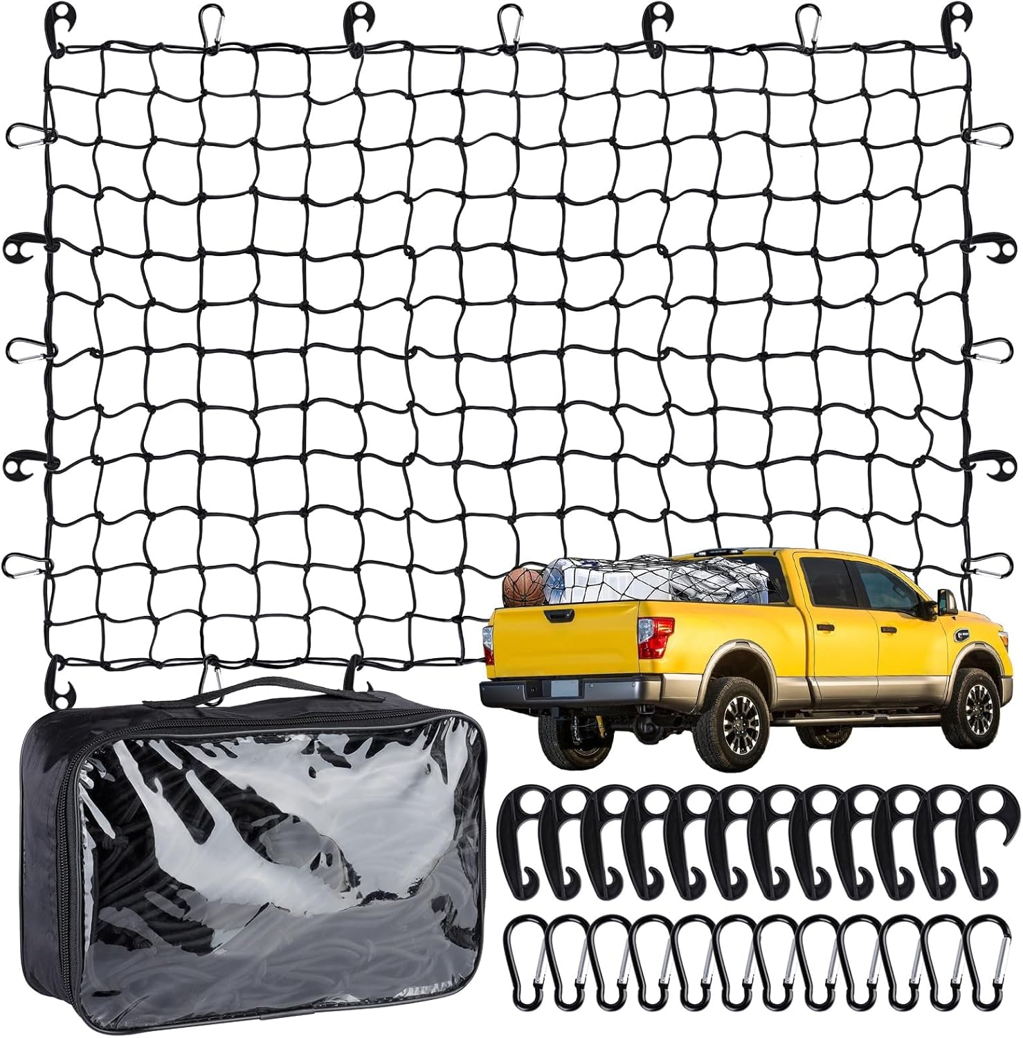Heavy Duty Cargo Net for Pickup Truck Bed - 4' x 6' Stretches to 10' x 15' | Small 4"x4" Latex Bungee Net Mesh with 24 Clips - Compatible with Ford, Chevy, Dodge Ram, Toyota mysite