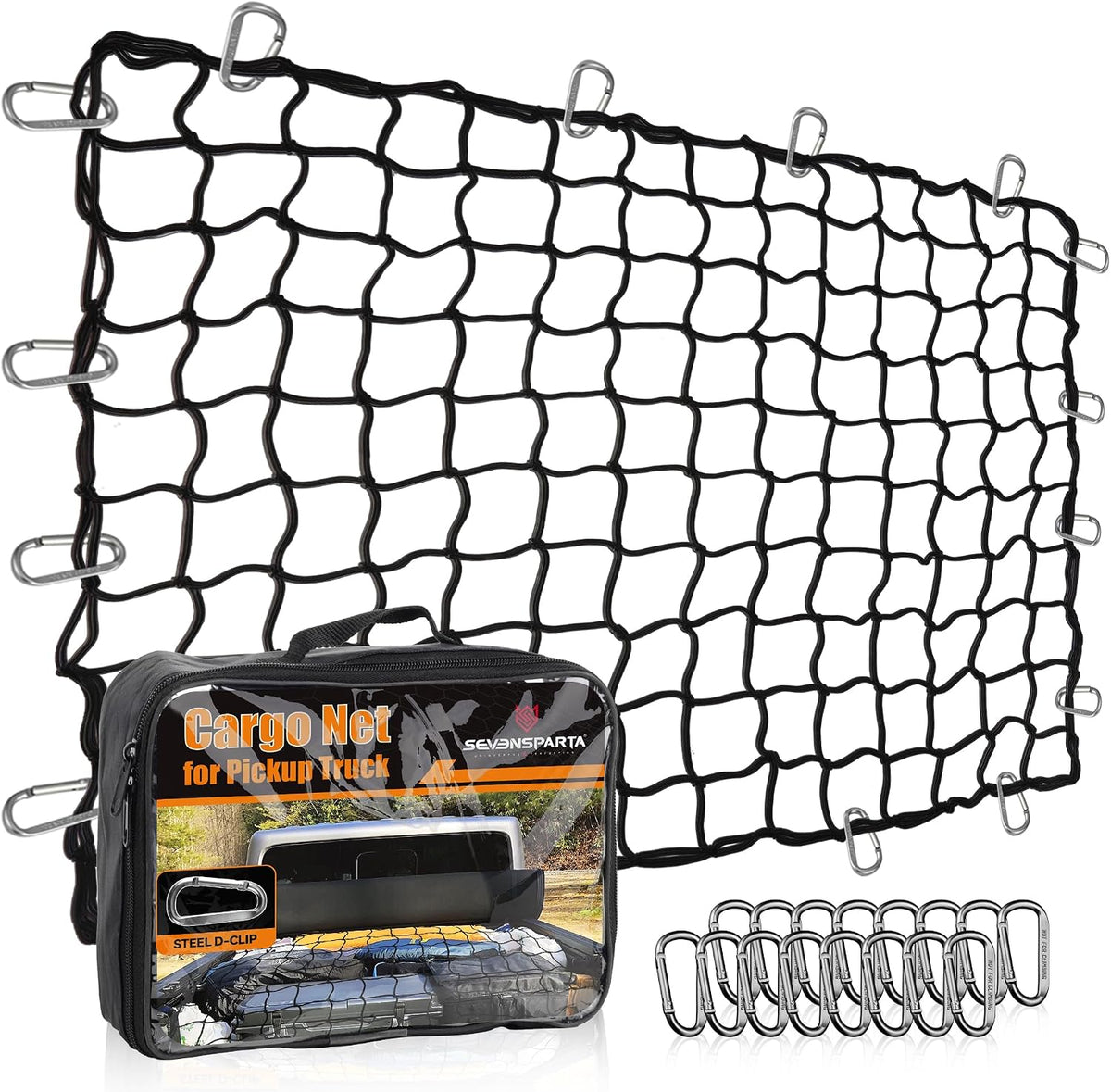 Seven Sparta Large Cargo Net for Truck Bed 5'x 7' Stretches to 10' x 14' | Latex, Large Size, With 16 D Clip Carabiners, For Truck Bed/Pickup Bed/Trailer/Trunk/SUV/Roof Racks/Pool Floats/Lorry/Storage mysite