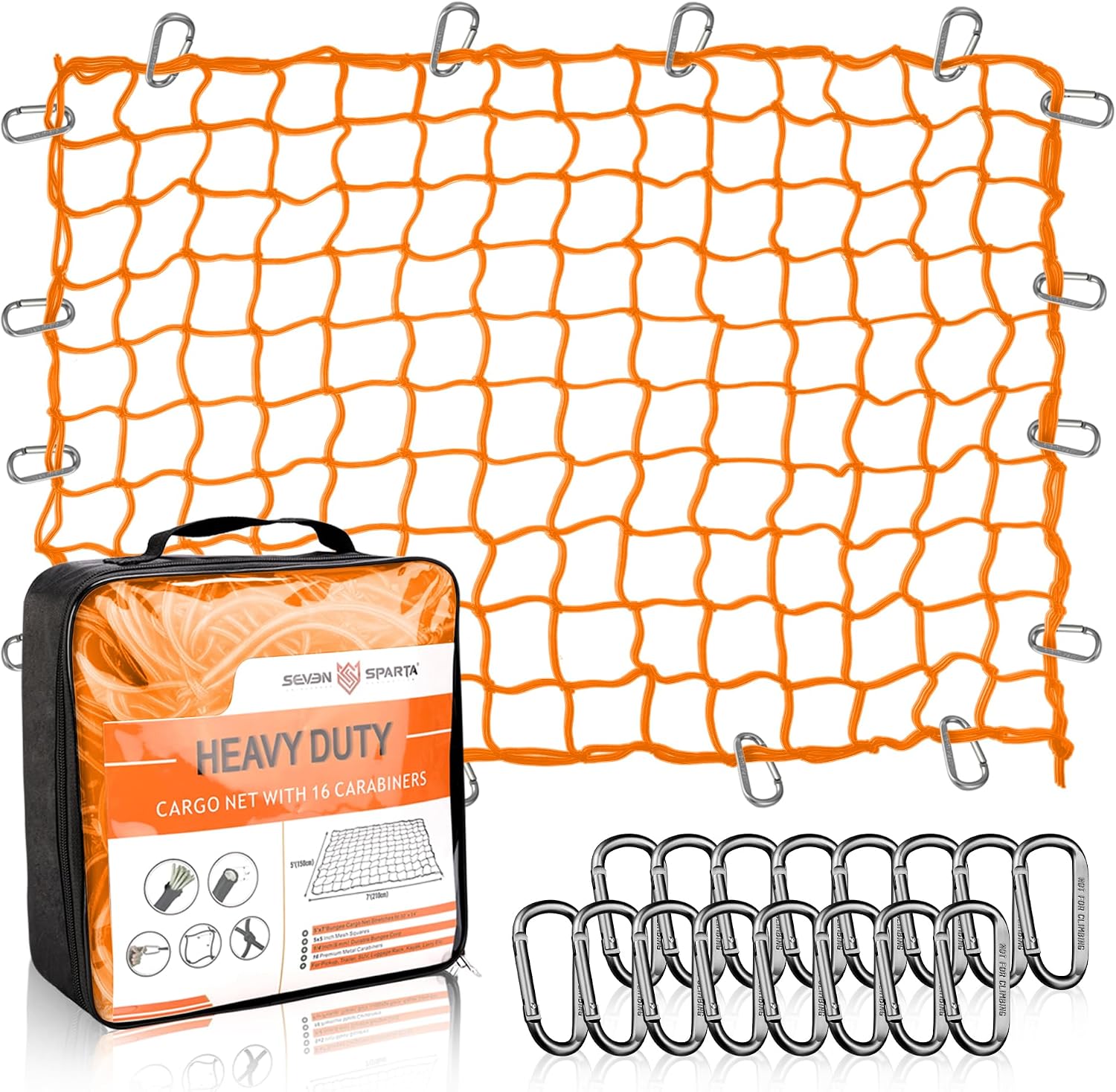 Seven Sparta Large Cargo Net for Truck Bed 5'x 7' Stretches to 10' x 14' | Latex, Large Size, With 16 D Clip Carabiners, For Truck Bed/Pickup Bed/Trailer/Trunk/SUV/Roof Racks/Pool Floats/Lorry/Storage mysite