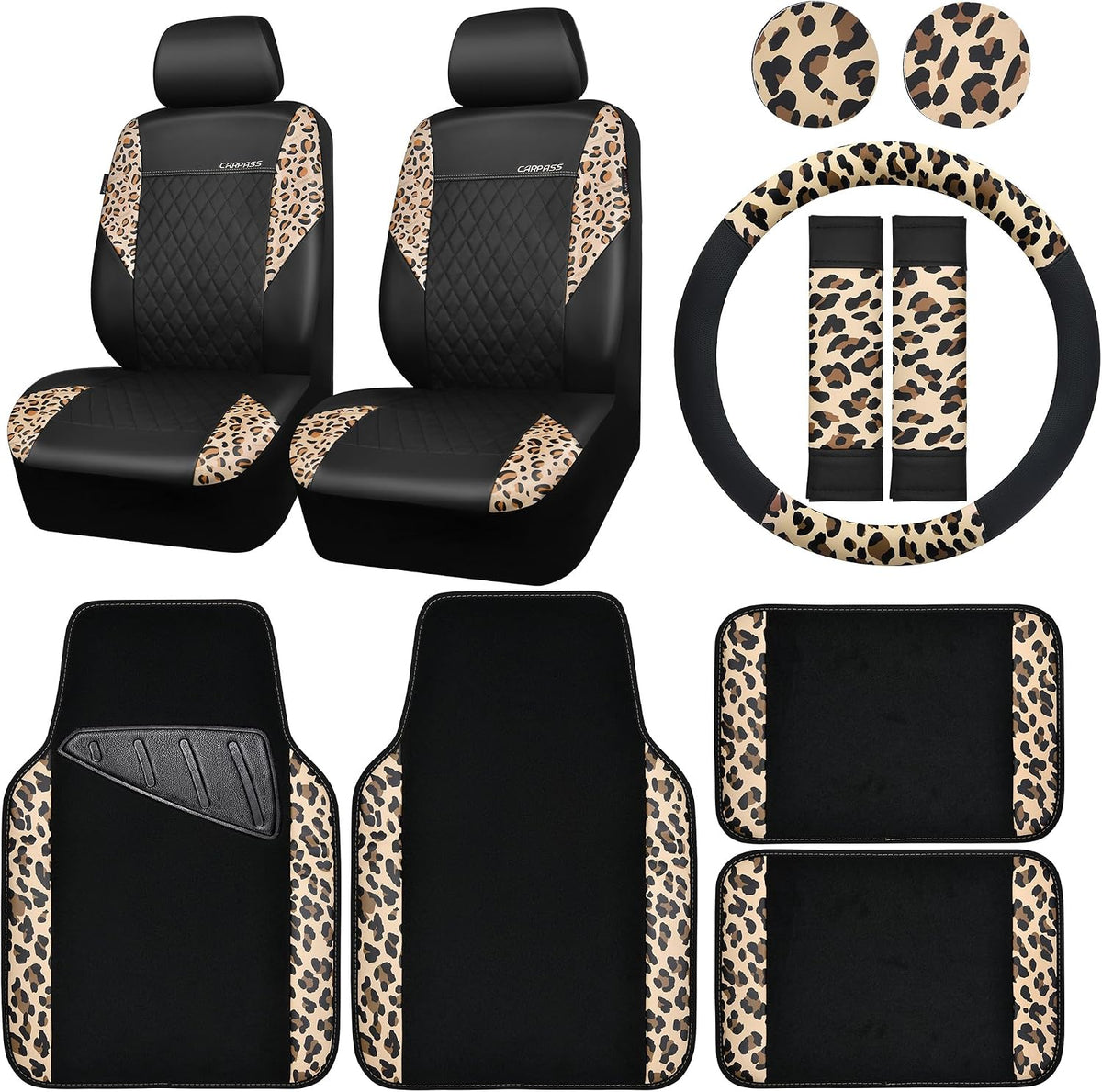 CAR PASS Leopard Print Faux Leather Car Seat Covers & Leopard Car Mats&Leopard Steering Wheel Cover Seat Belt Pad Universal Car Accessories for SUV,Van,Saden,Truck Automobile Interior Sets mysite